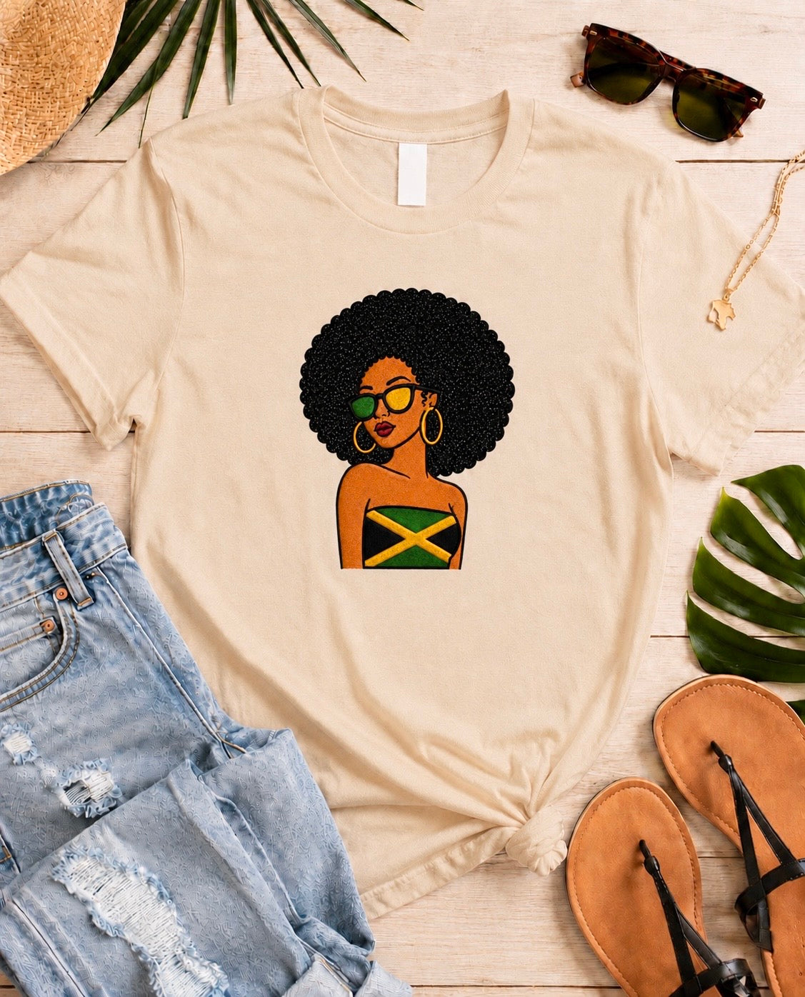 Jamaican Afro Girl Embroidered T-Shirt, Caribbean Pride Shirt, Black Glitter Hair Applique