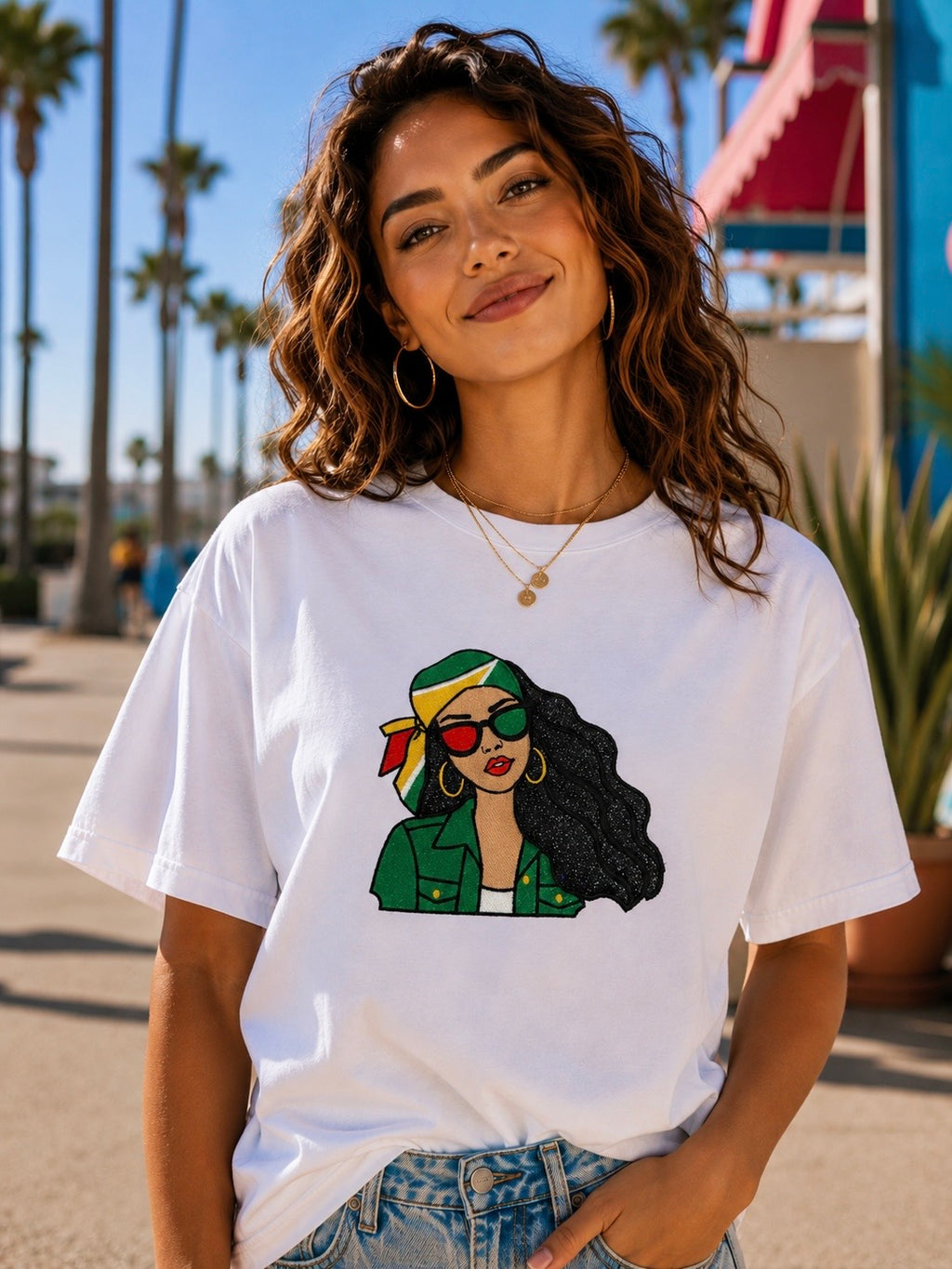 Guyanese Girl Embroidery Glitter Applique T-Shirt