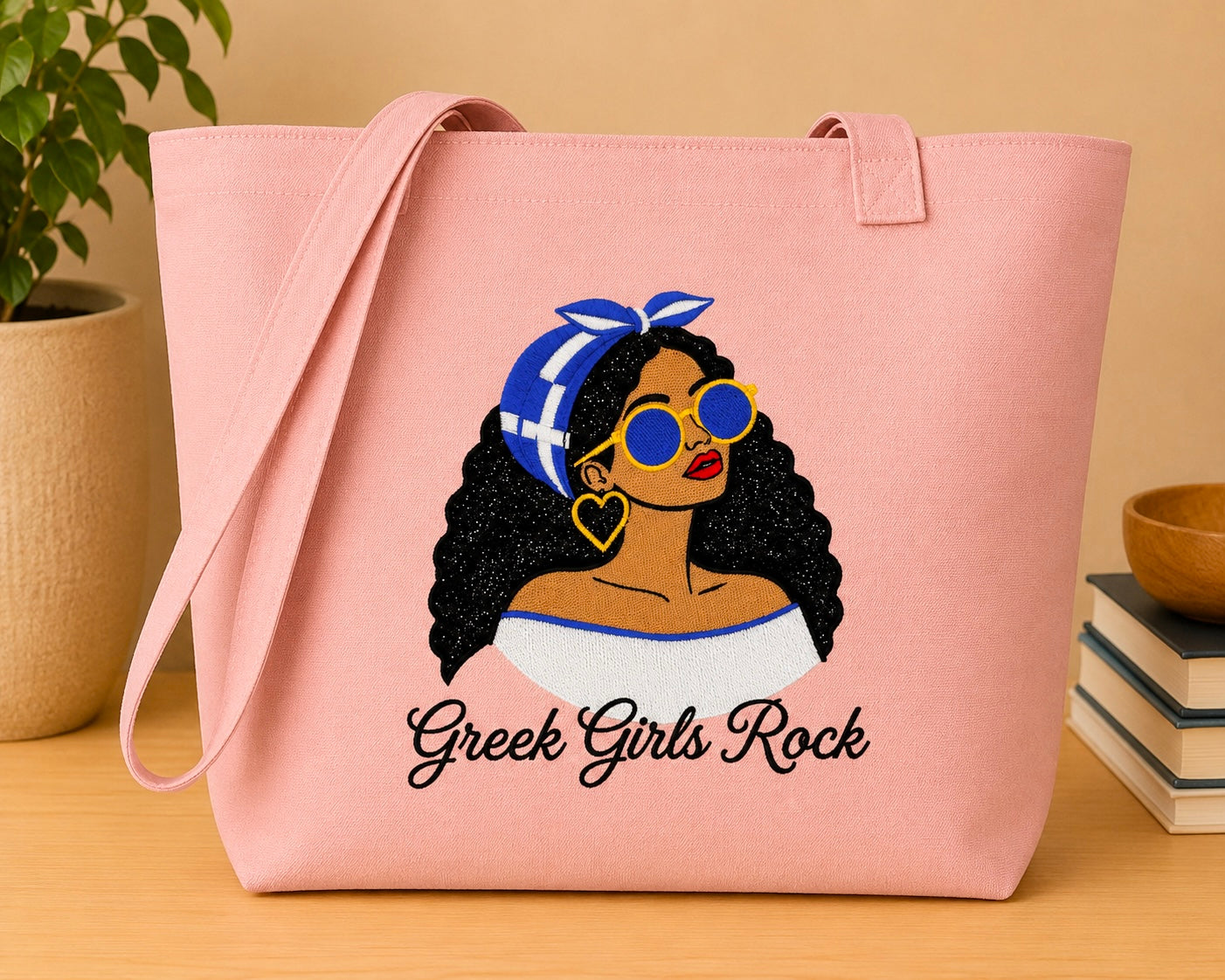 Greek Girls Rock Embroidered Glitter Applique Jumbo Tote Bag