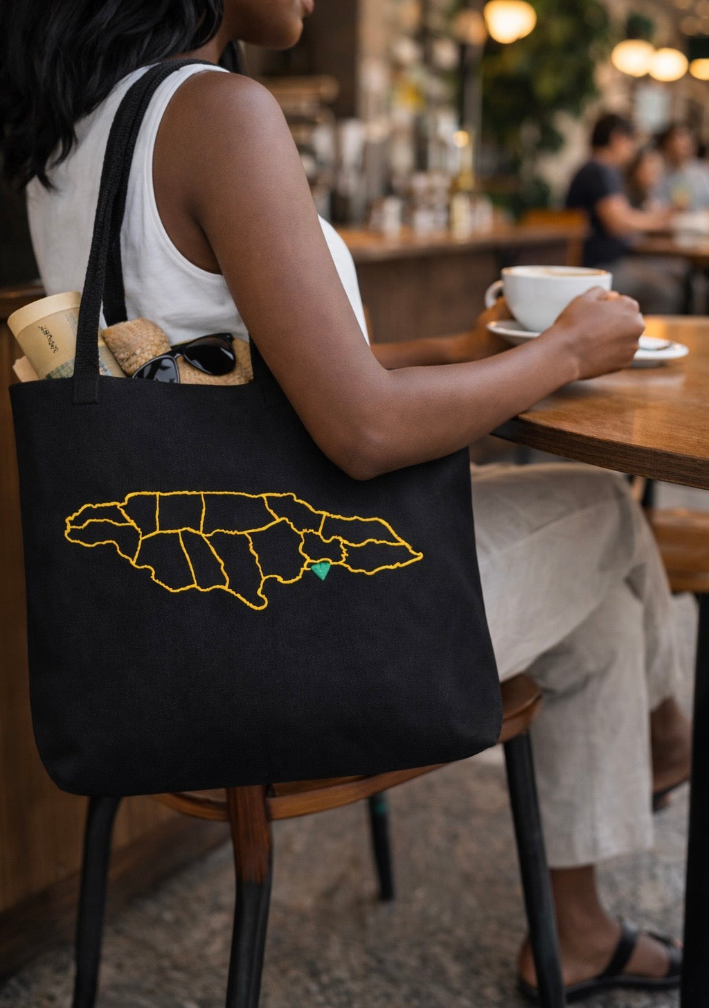 Jamaica Outline Tote Bag – Gold Embroidered Island Map with Green Heart, Jamaican Pride Gift