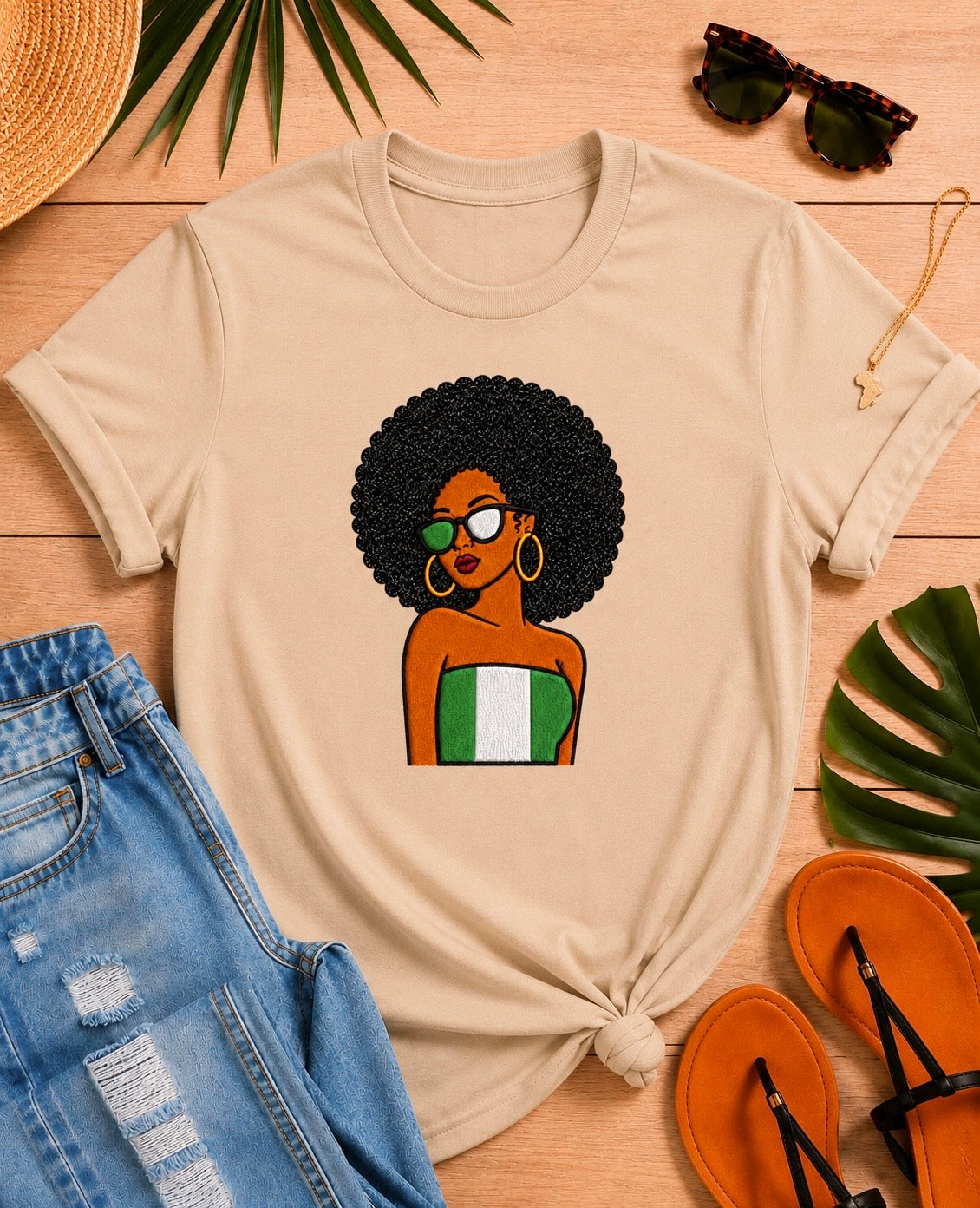 Nigerian Afro Girl Embroidered T-Shirt, Black Glitter Hair Applique
