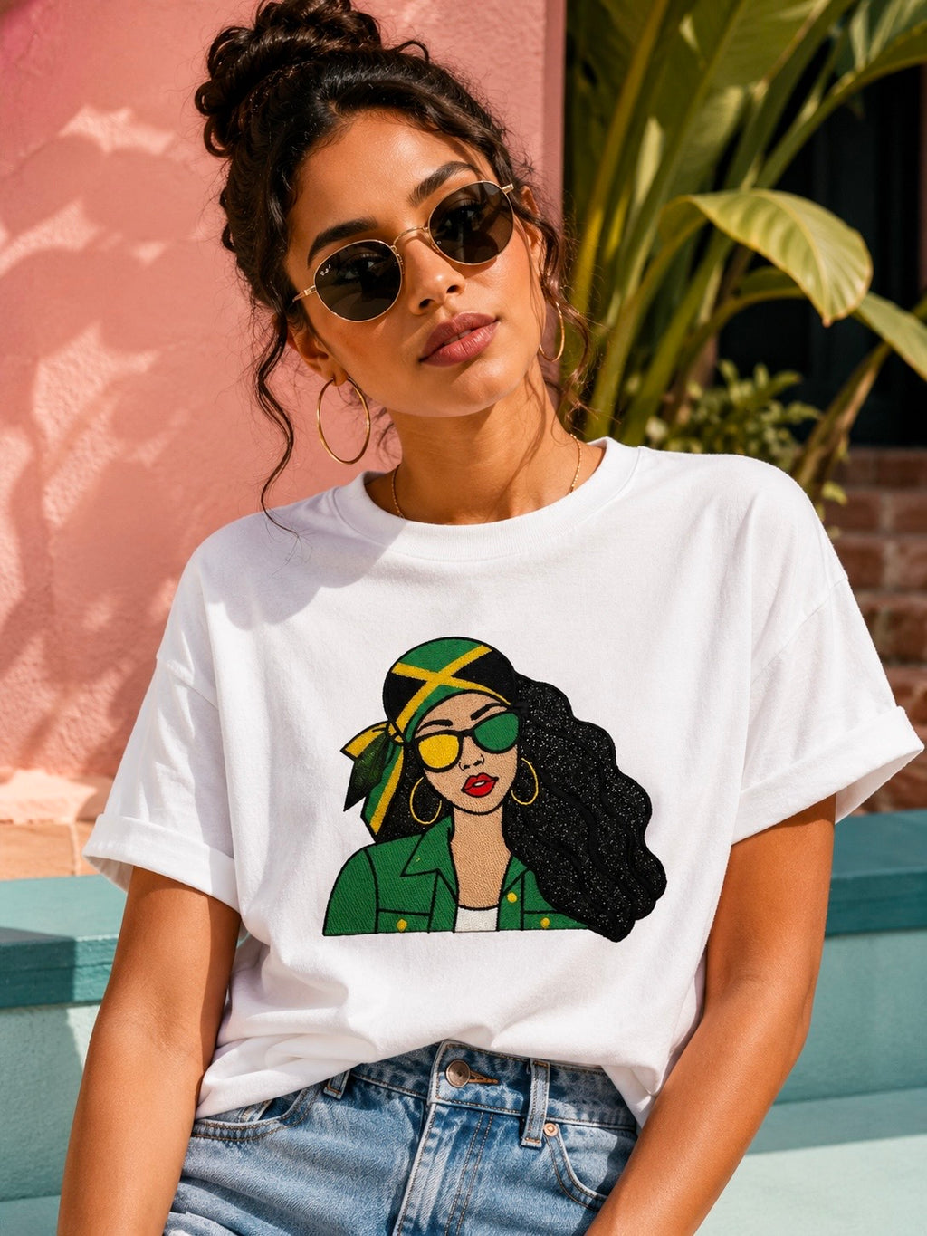Jamaican Girl Embroidery Glitter Applique T-Shirt