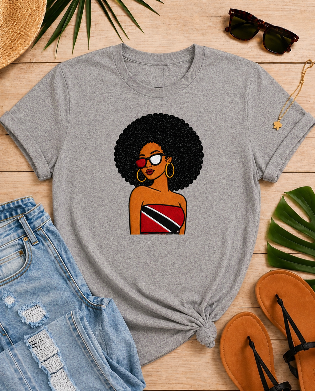 Trini Afro Girl Embroidered T-Shirt, Caribbean Pride Shirt, Black Glitter Hair Applique