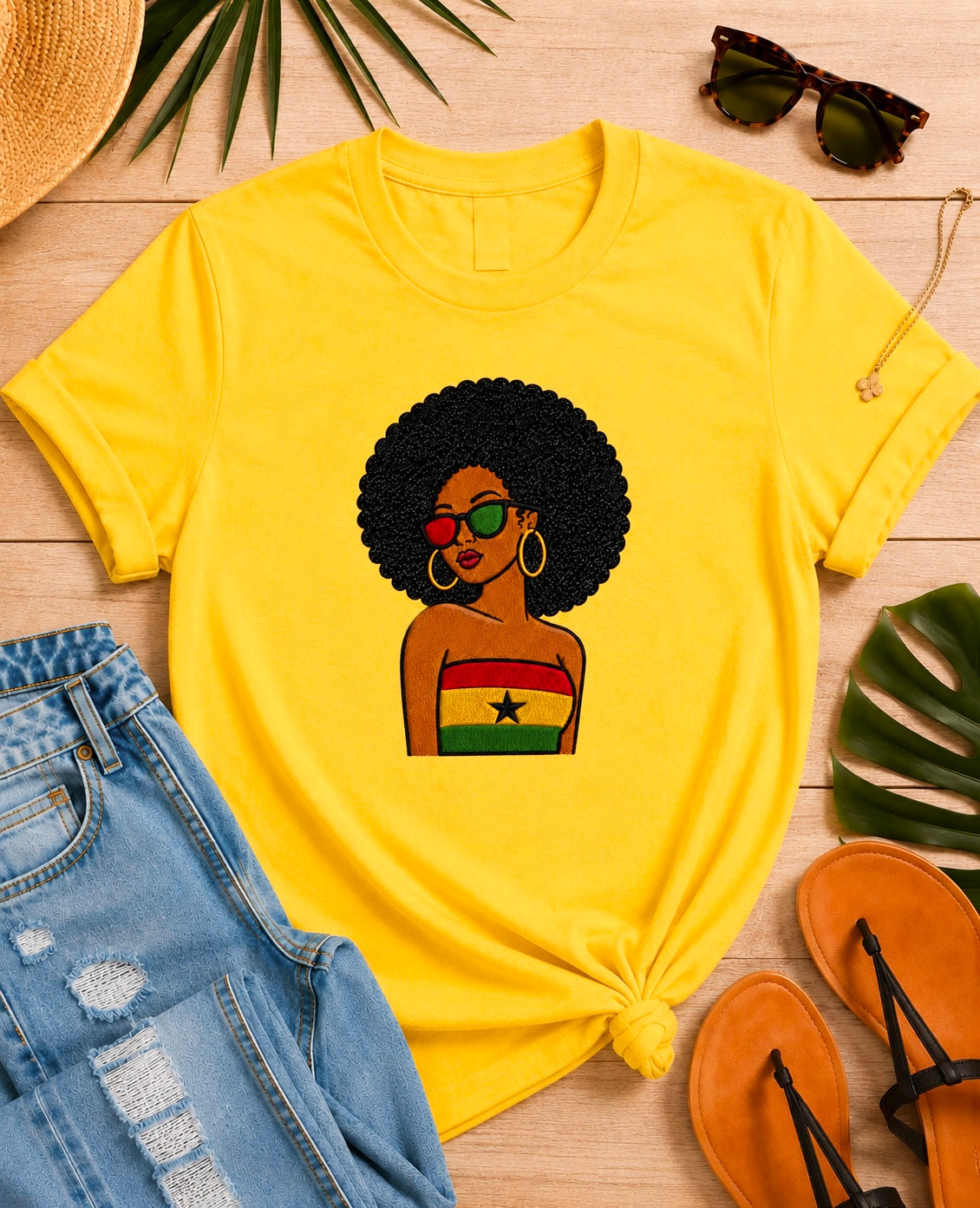 Ghanian Afro Girl Embroidered T-Shirt, Black Glitter Hair Applique