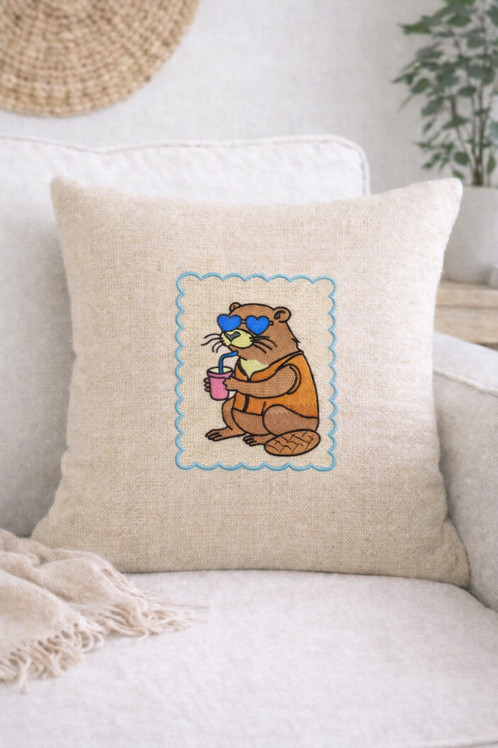 Embroidered Beaver Throw Pillow Cover