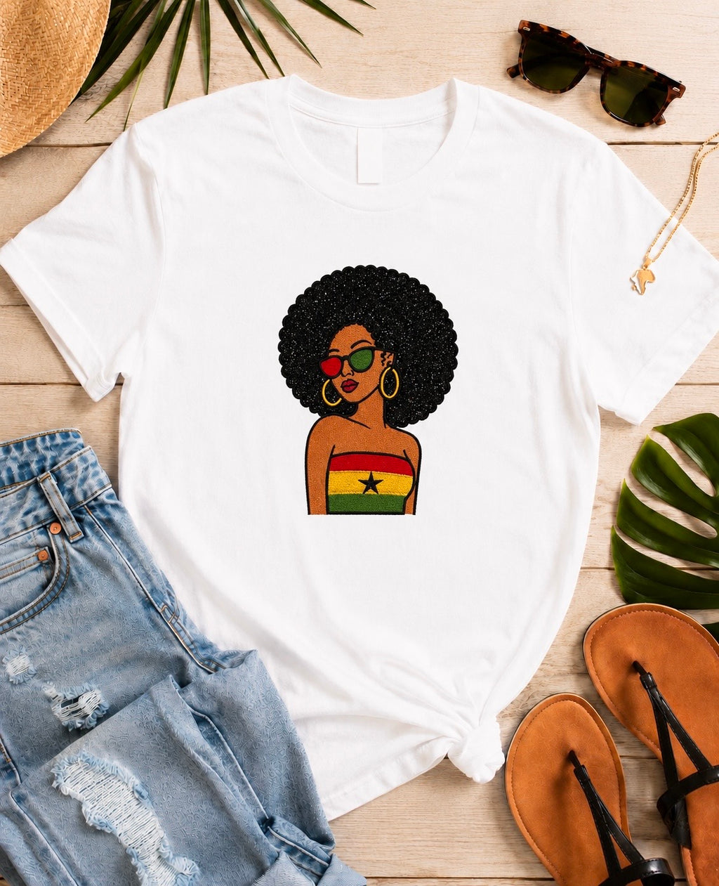 Ghanian Afro Girl Embroidered T-Shirt, Black Glitter Hair Applique