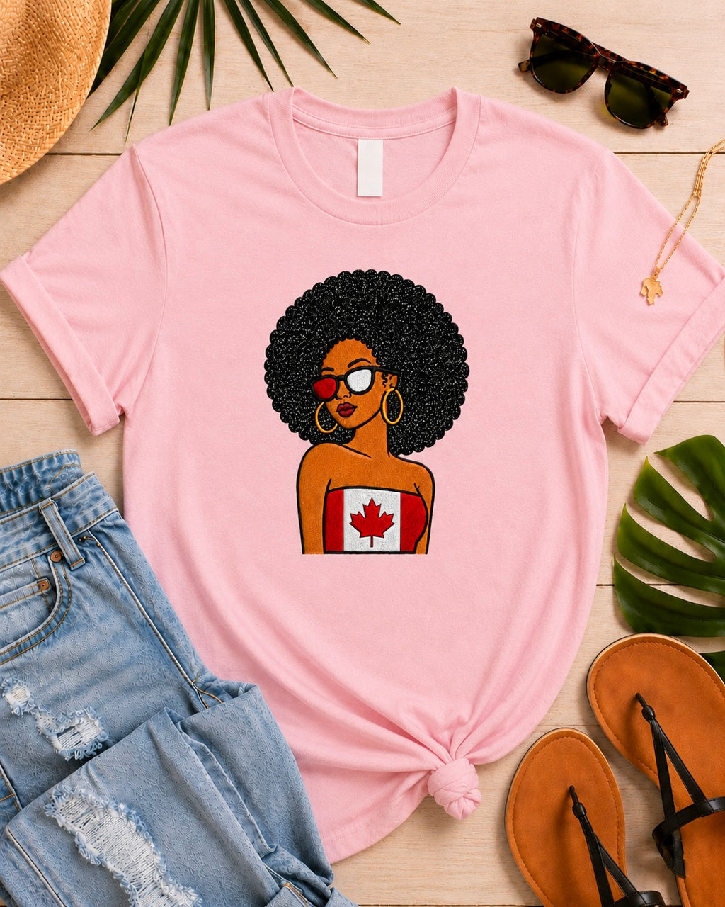 Canadian Girl Embroidered Glitter Applique T-Shirt