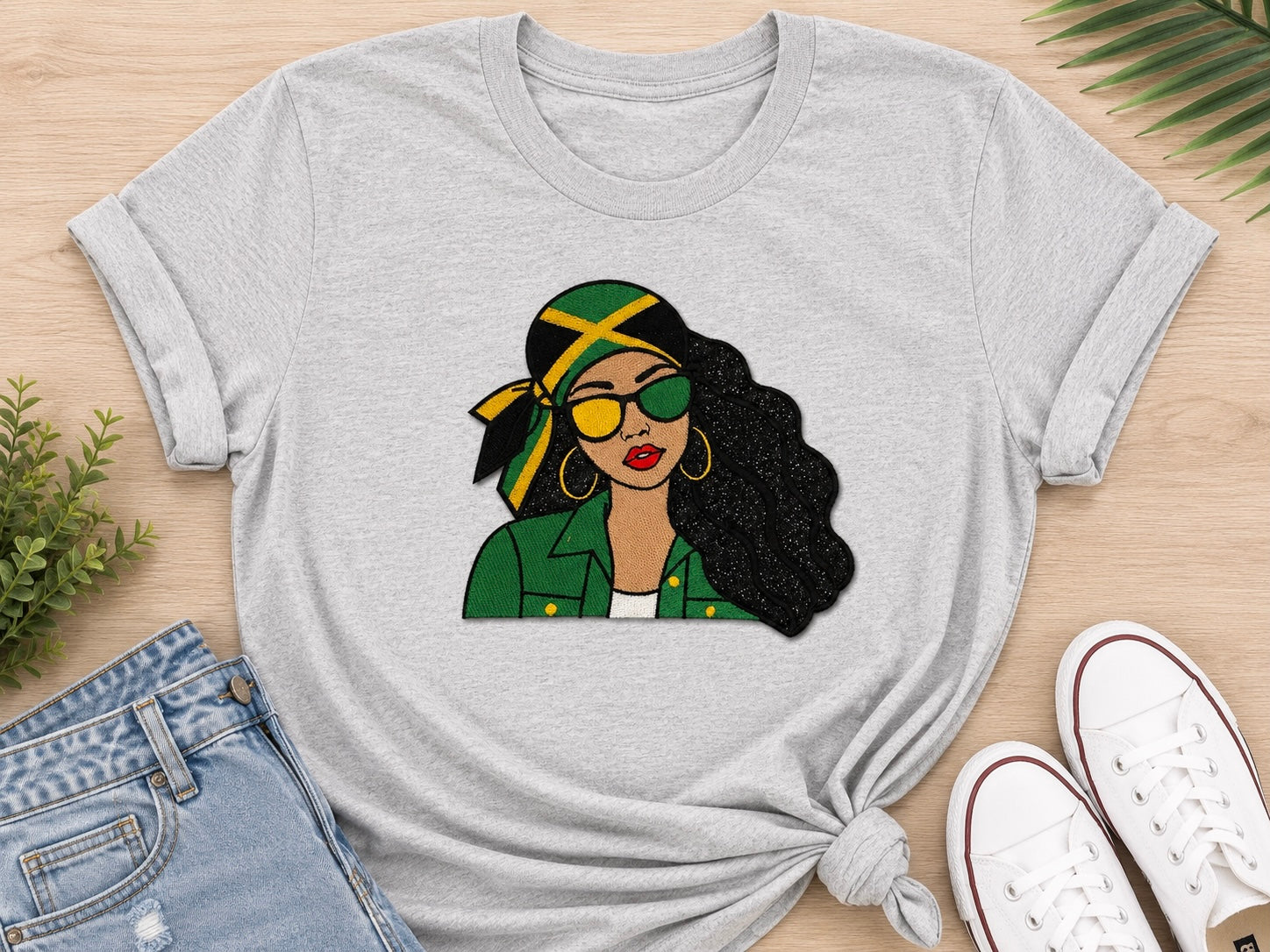 Jamaican Girl Embroidery Glitter Applique T-Shirt