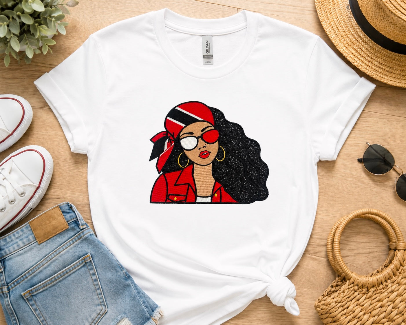 Trini Girl Embroidery Glitter Applique T-Shirt