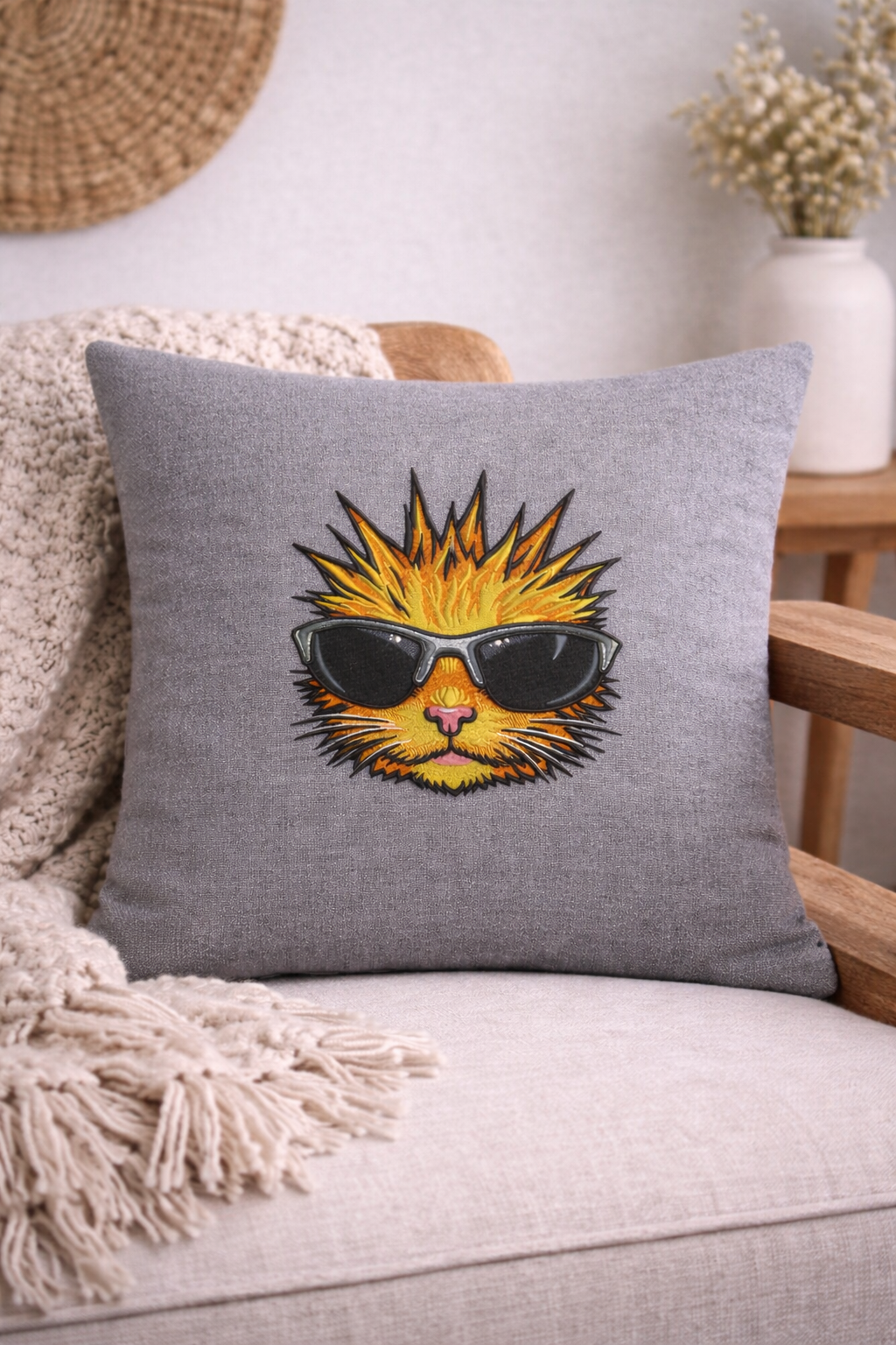 Punk Rock Cat Embroidered Throw Pillow Cover