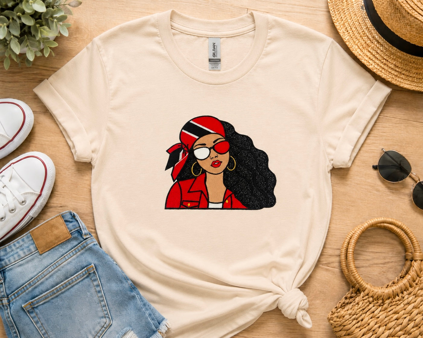 Trini Girl Embroidery Glitter Applique T-Shirt