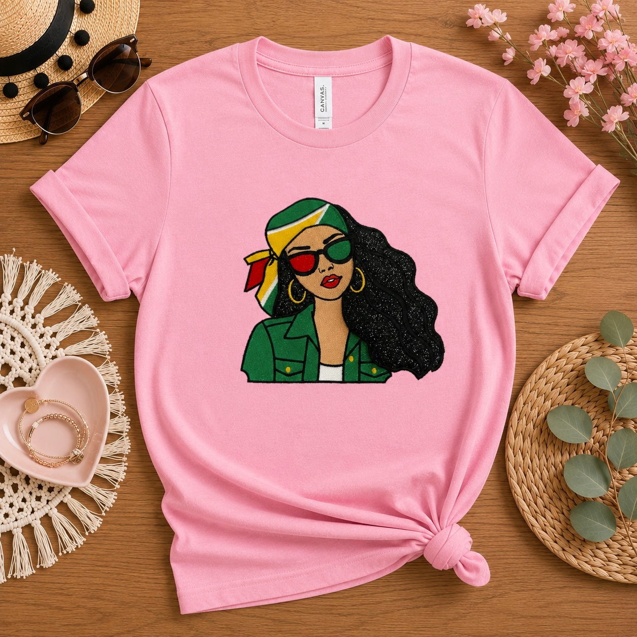 Guyanese Girl Embroidery Glitter Applique T-Shirt