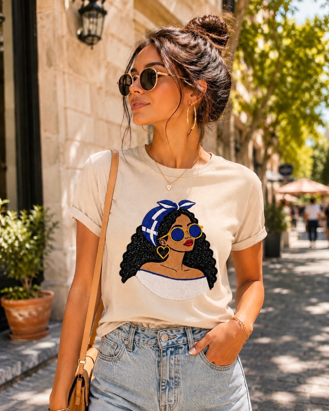 Greek Girl Embroidered Glitter Appliqué T-Shirt