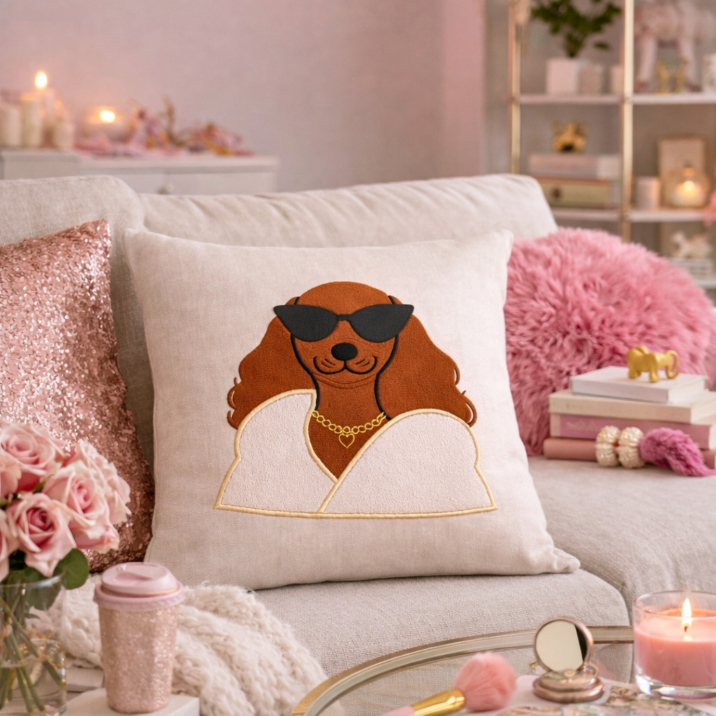Glam Dog Embroidered Throw Pillow Cover/Trendy Pet Home Decor/20x20"