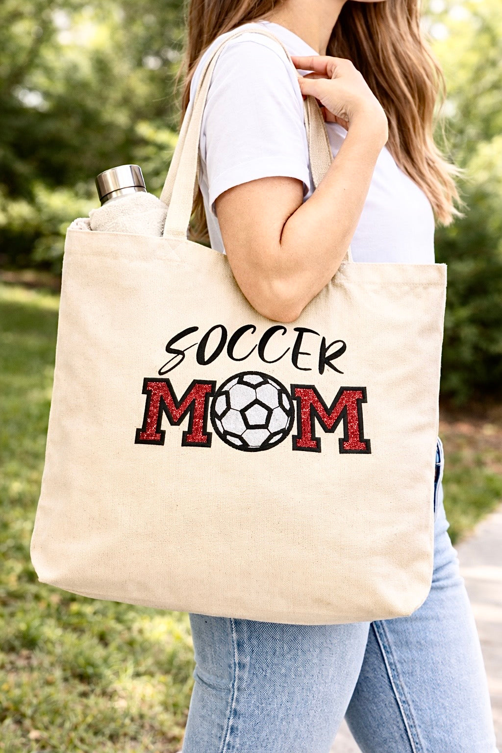 Soccer Mom Embroidered Glitter Applique Tote Bag