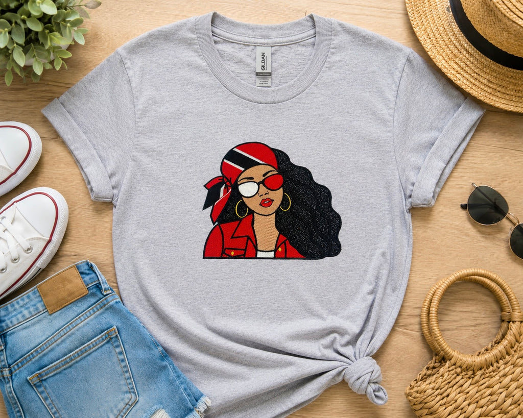 Trini Girl Embroidery Glitter Applique T-Shirt
