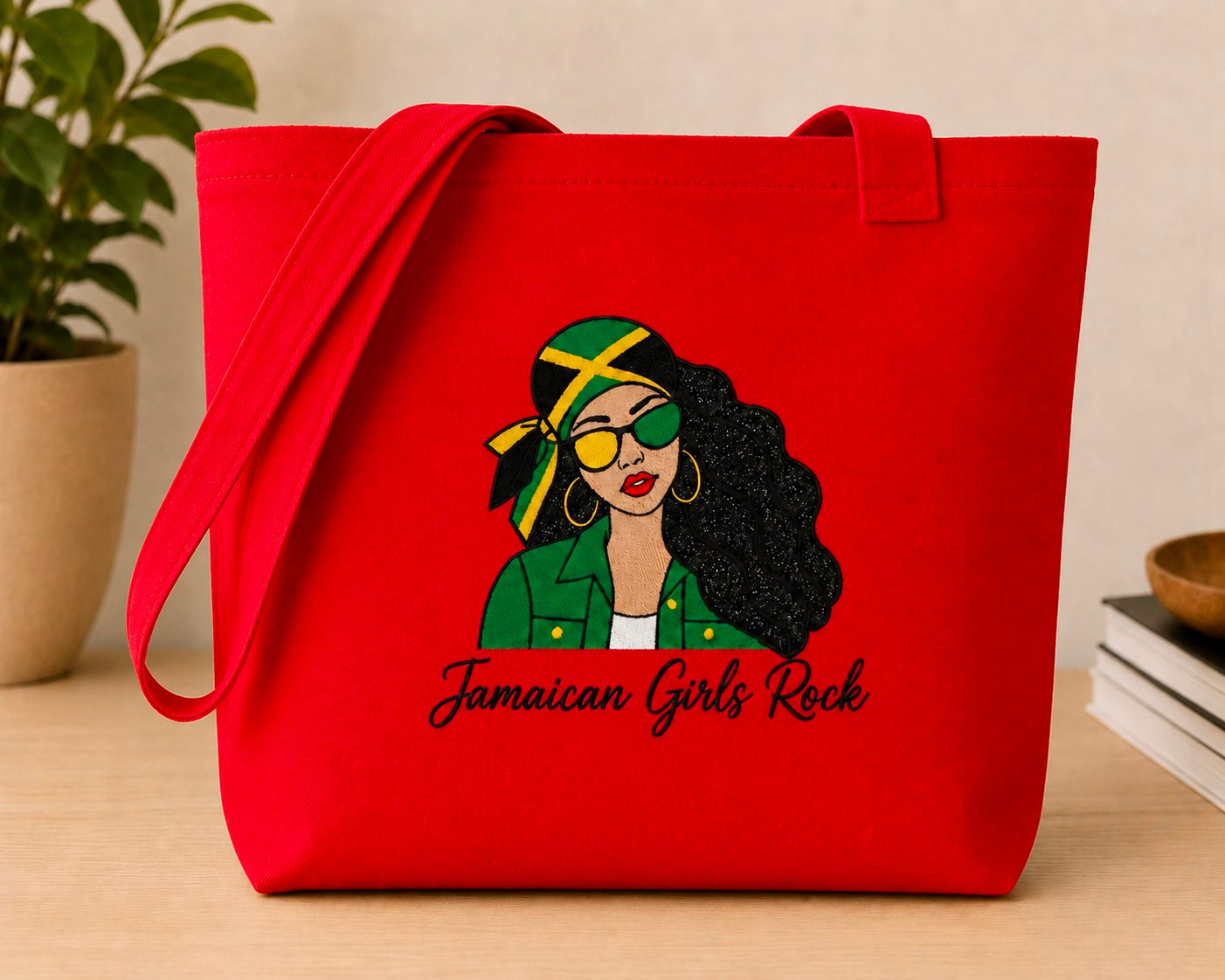 Jamaican Girls Rock Embroidered Glitter Applique Jumbo Tote Bag