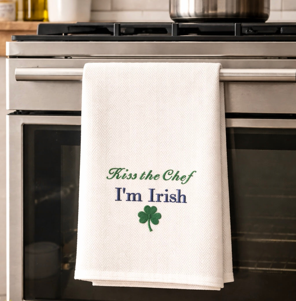 Kiss the Chef I’m Irish Embroidered Tea Towel – Irish Kitchen Decor