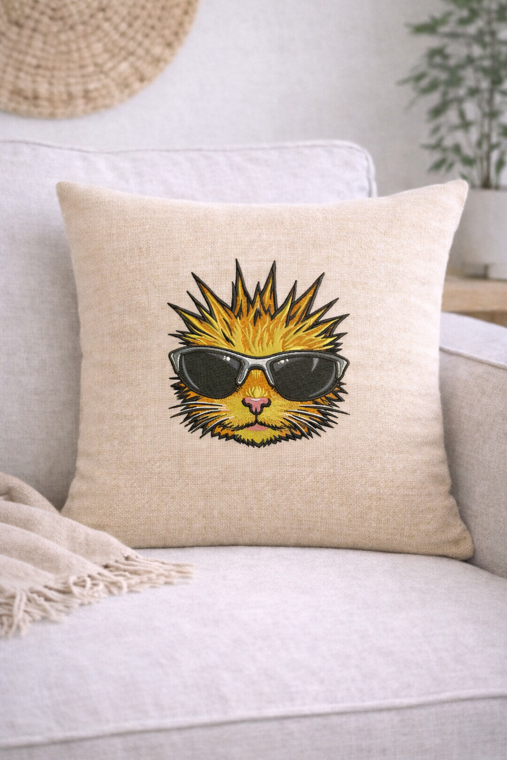 Punk Rock Cat Embroidered Throw Pillow Cover