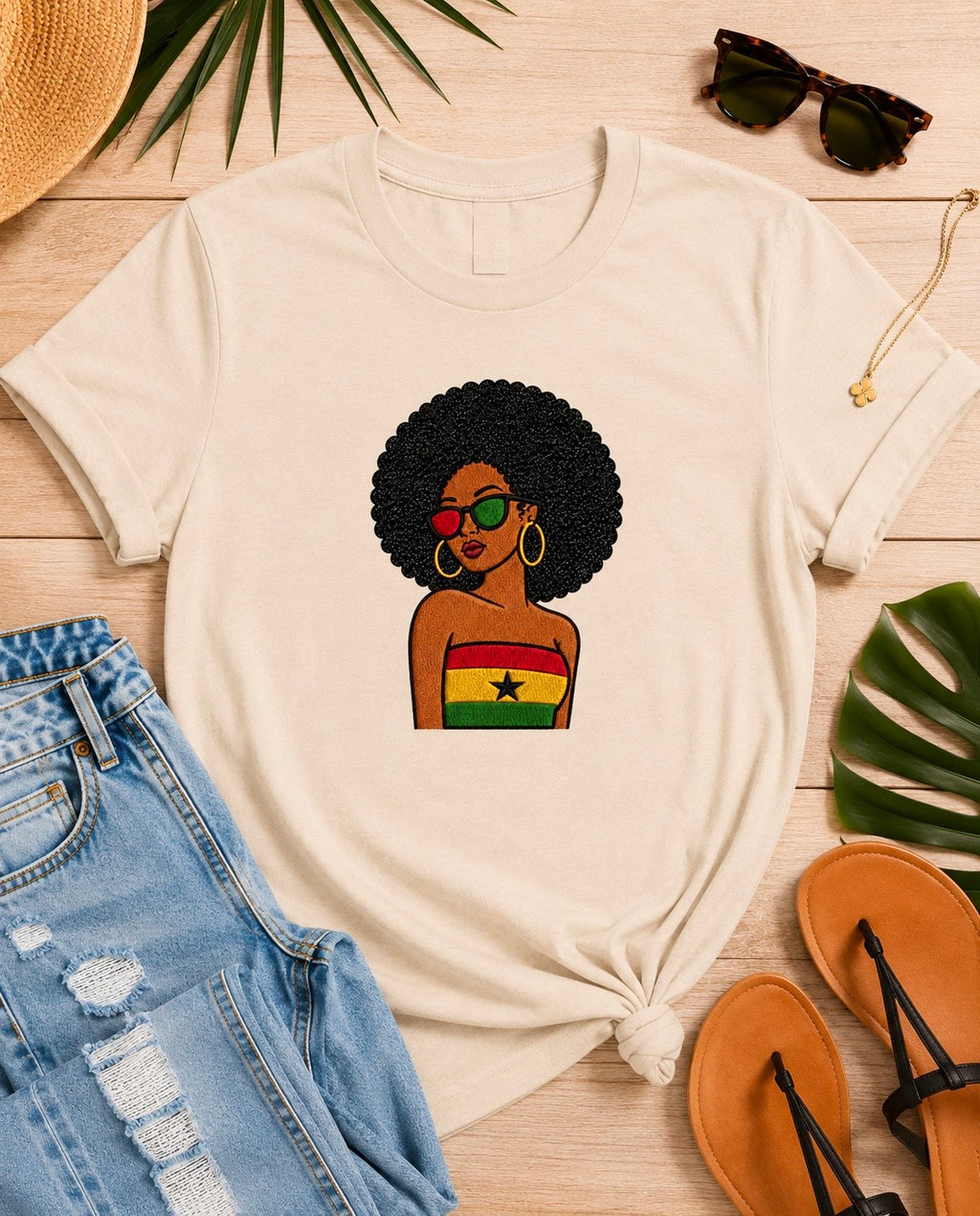Ghanian Afro Girl Embroidered T-Shirt, Black Glitter Hair Applique