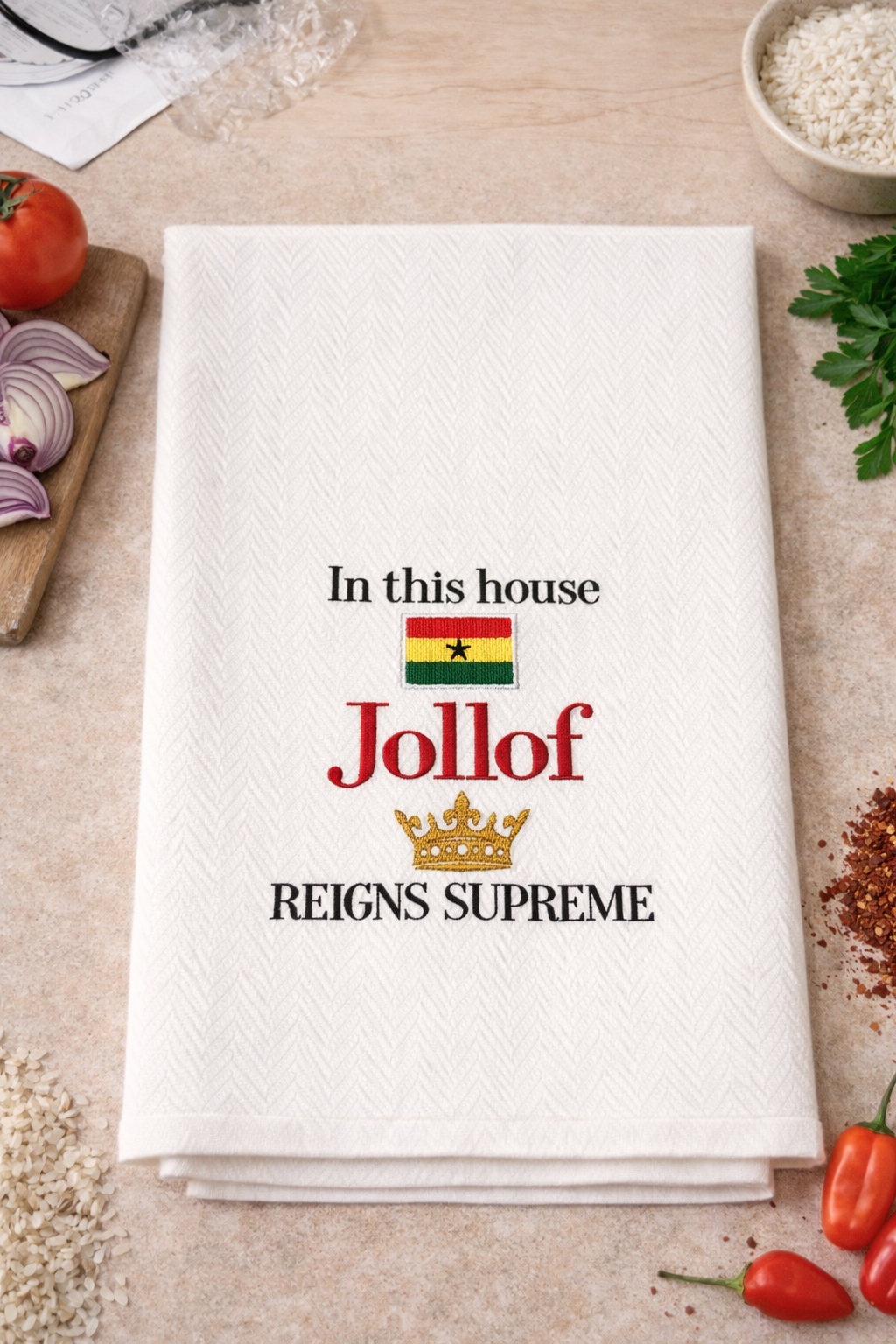 Embroidered Ghana Jollof Rice Tea Towel – African Kitchen Decor