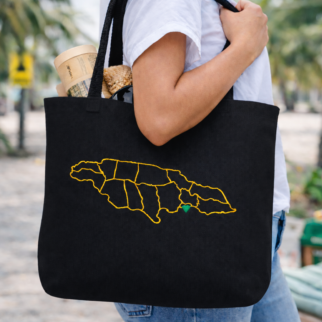 Jamaica Outline Tote Bag – Gold Embroidered Island Map with Green Heart, Jamaican Pride Gift