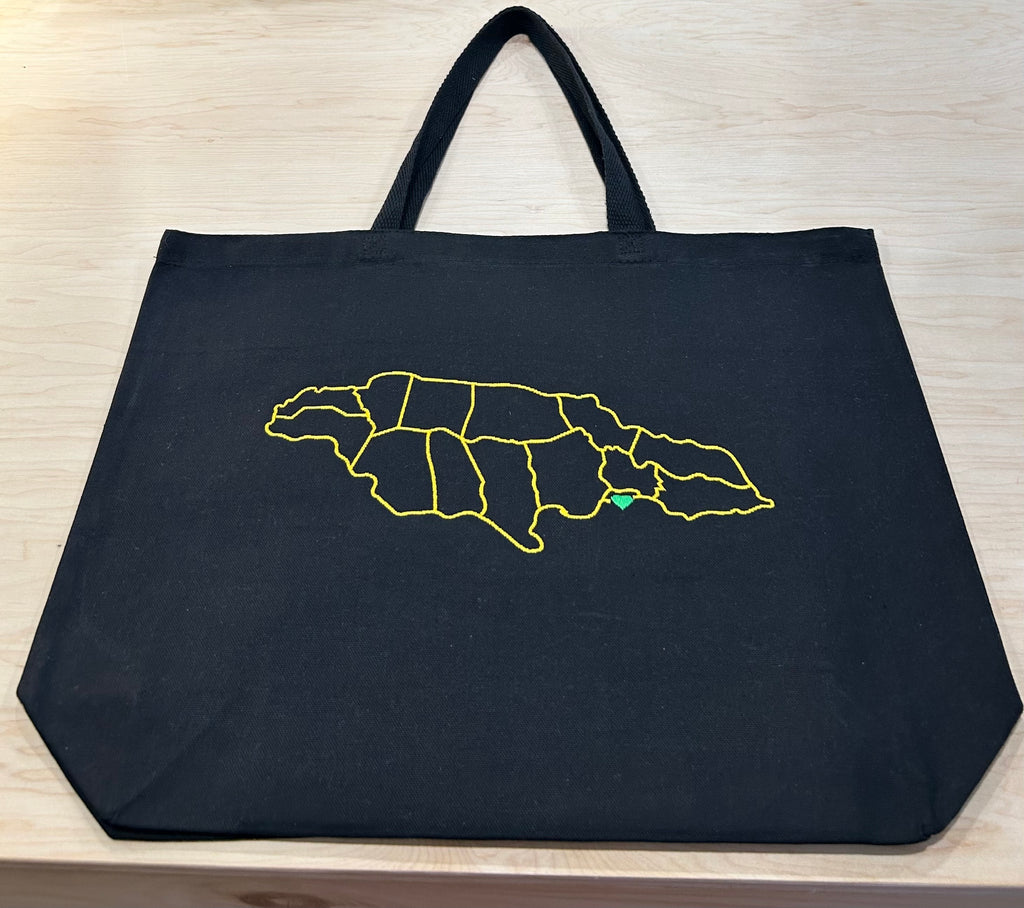 Jamaica Outline Tote Bag – Gold Embroidered Island Map with Green Heart, Jamaican Pride Gift
