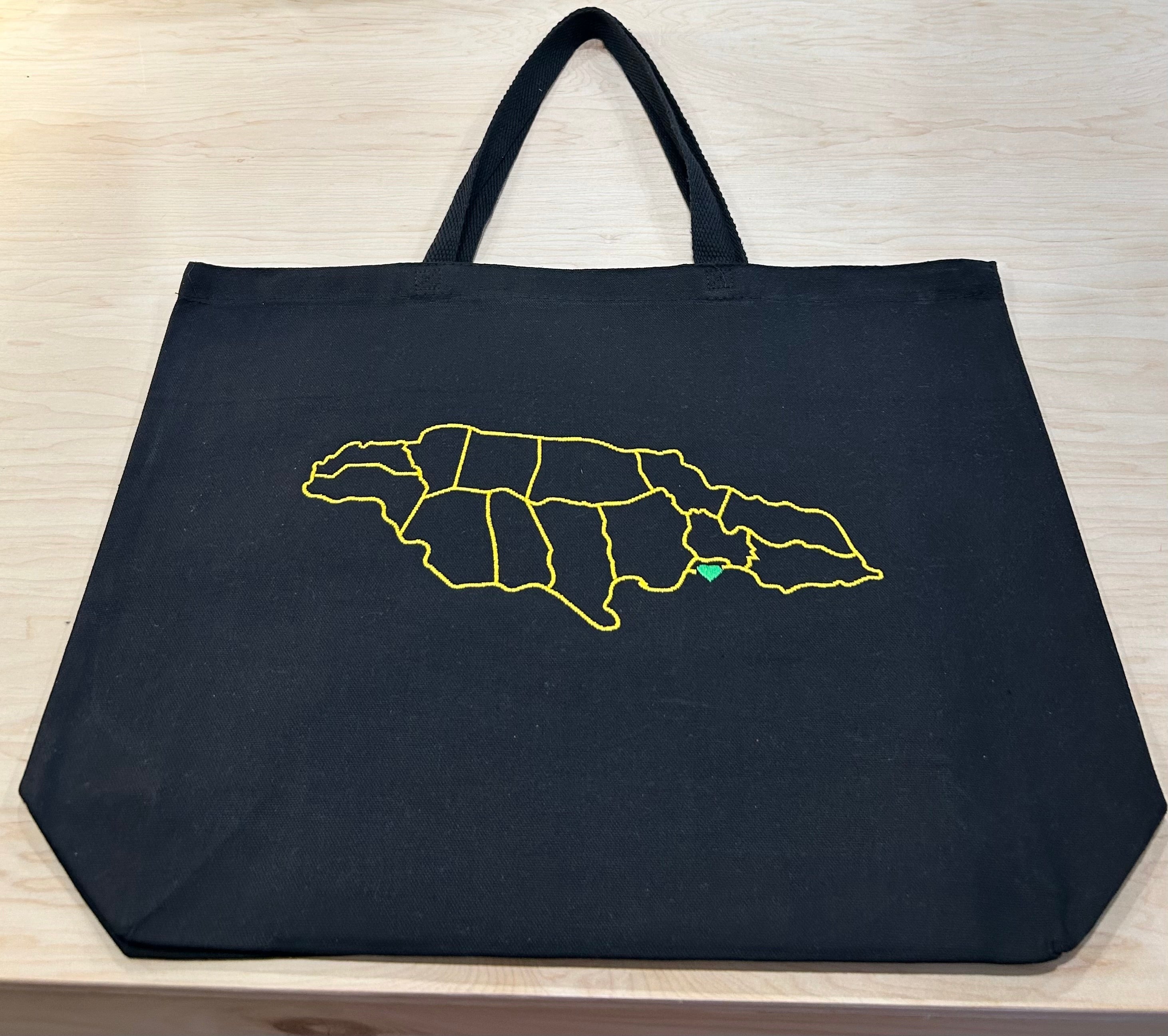 Jamaica Outline Tote Bag – Gold Embroidered Island Map with Green Heart, Jamaican Pride Gift