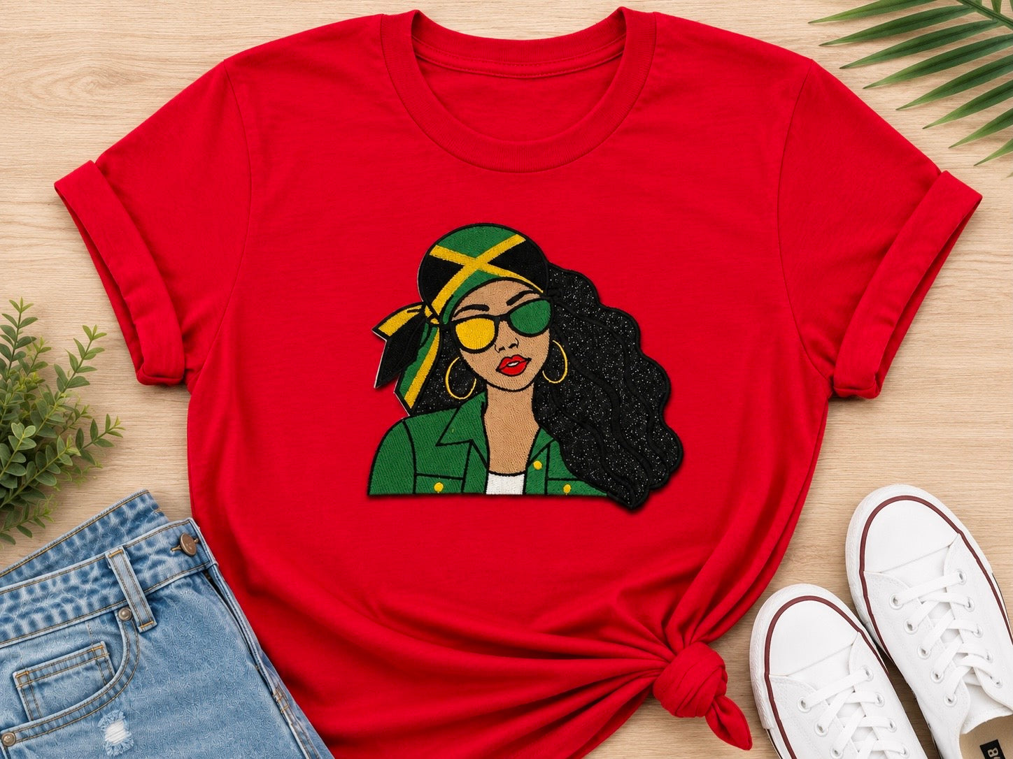 Jamaican Girl Embroidery Glitter Applique T-Shirt