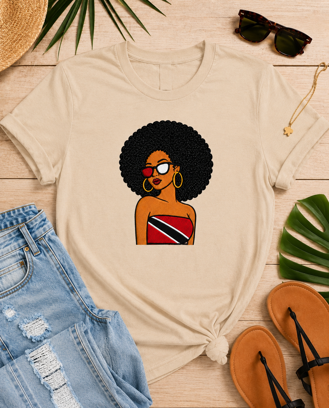 Trini Afro Girl Embroidered T-Shirt, Caribbean Pride Shirt, Black Glitter Hair Applique
