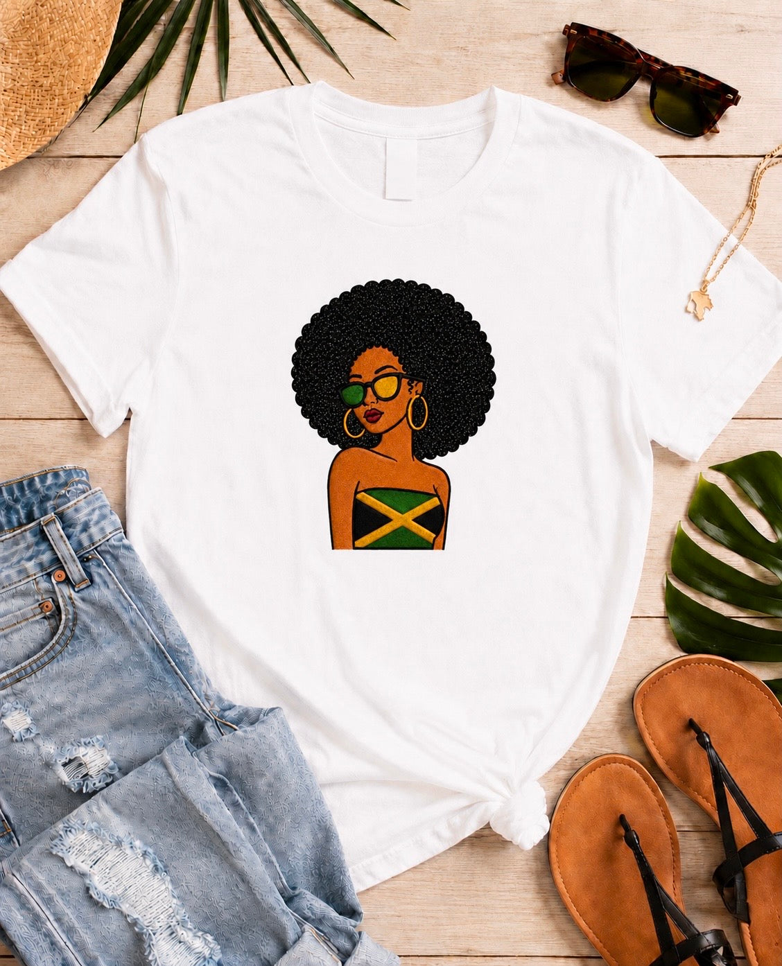 Jamaican Afro Girl Embroidered T-Shirt, Caribbean Pride Shirt, Black Glitter Hair Applique