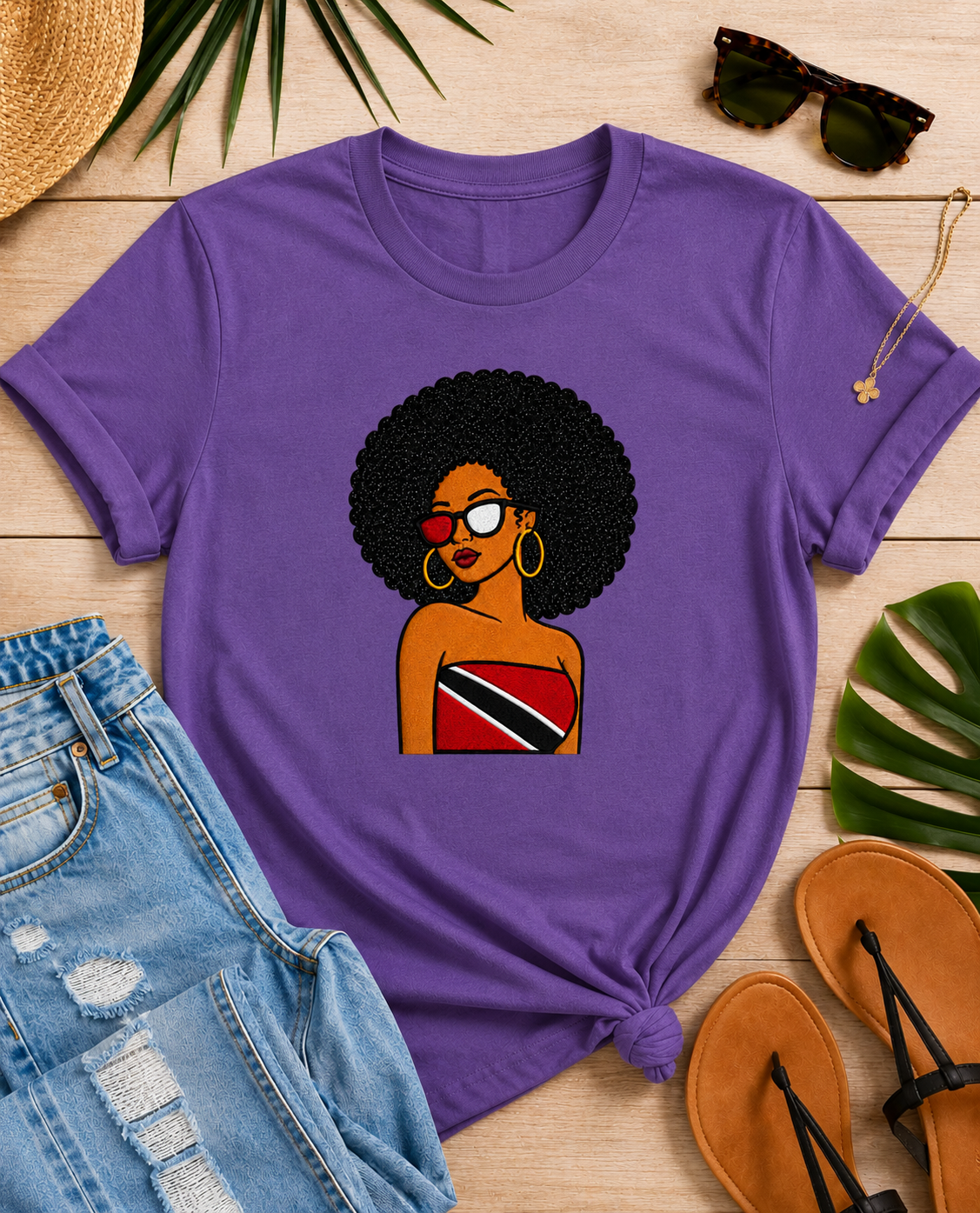 Trini Afro Girl Embroidered T-Shirt, Caribbean Pride Shirt, Black Glitter Hair Applique