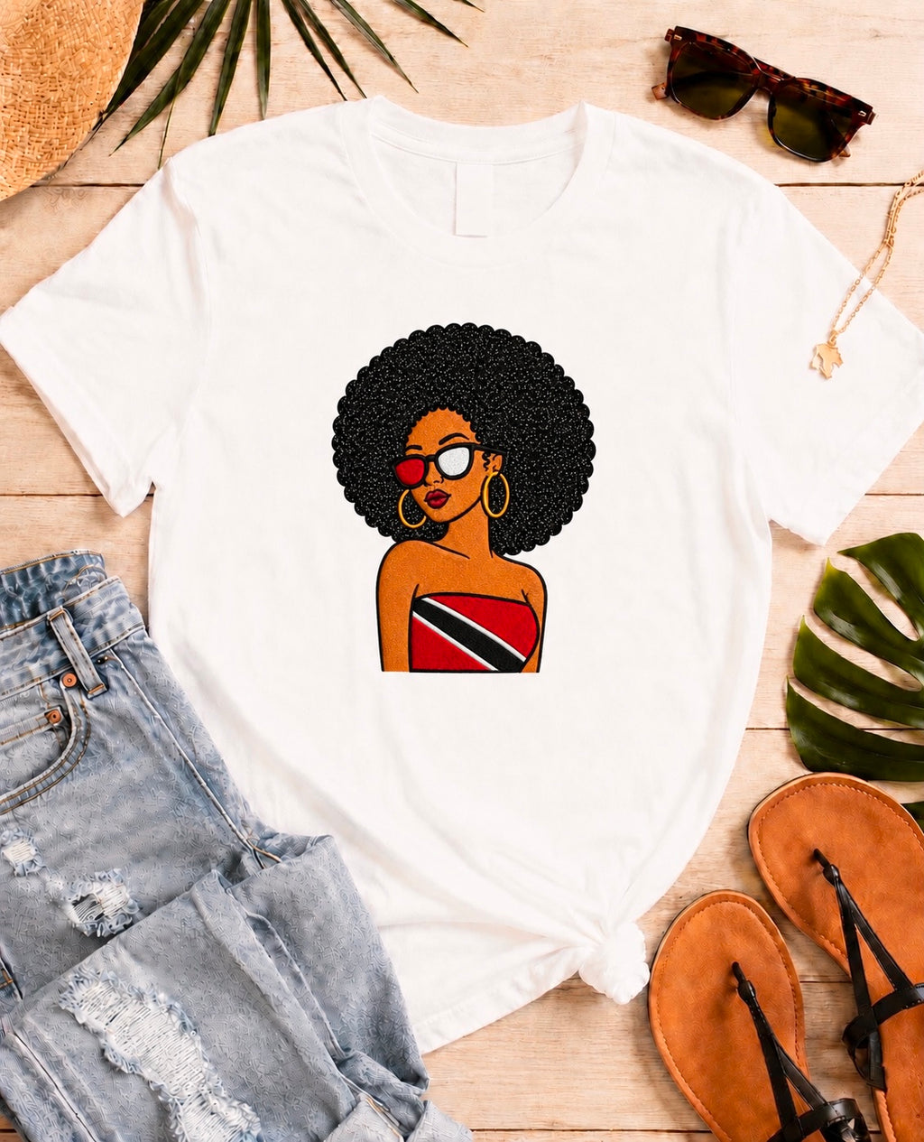 Trini Afro Girl Embroidered T-Shirt, Caribbean Pride Shirt, Black Glitter Hair Applique
