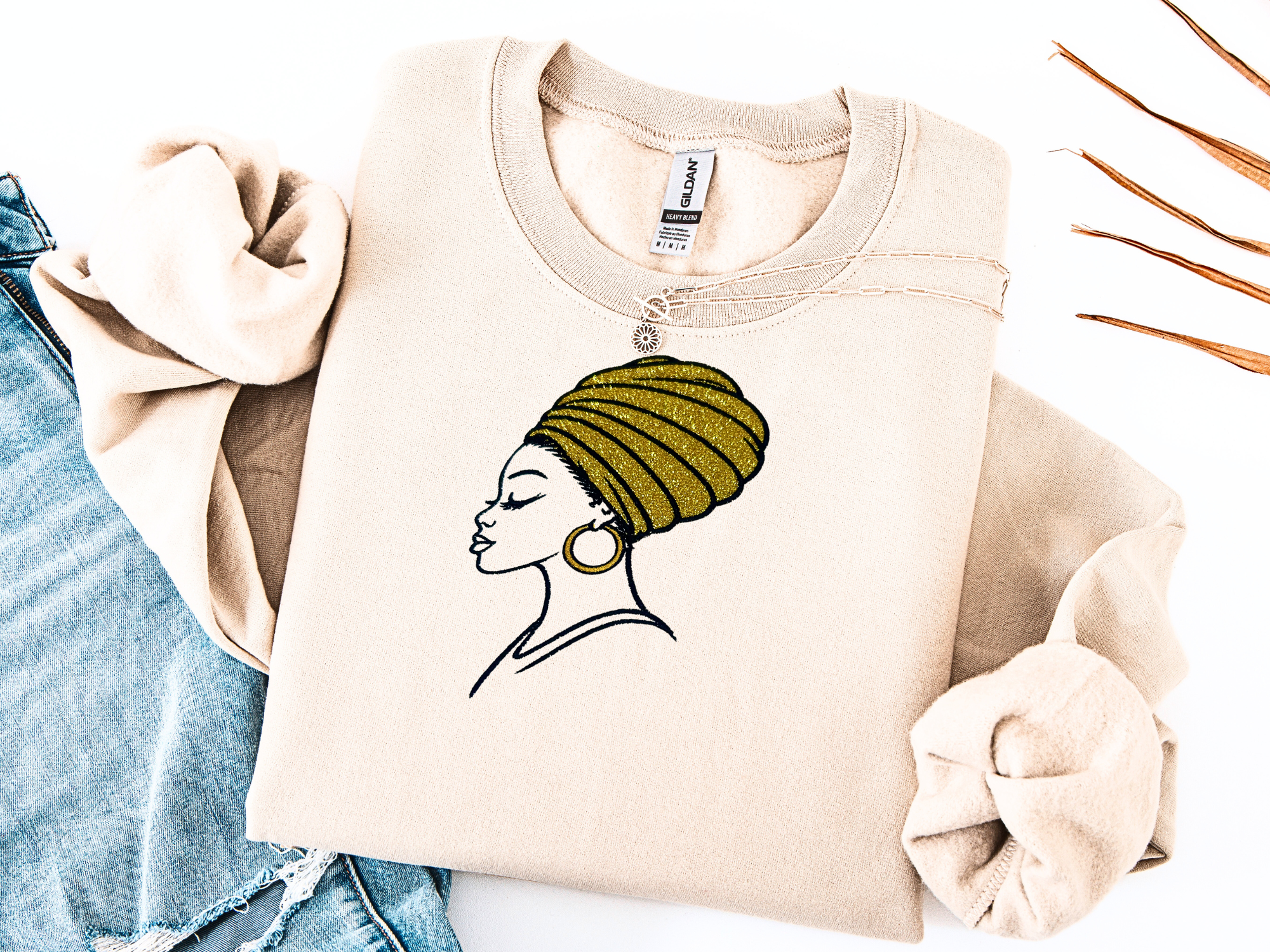 African Headwrap Embroidered Sweatshirt – Gold Glitter Appliqué Design