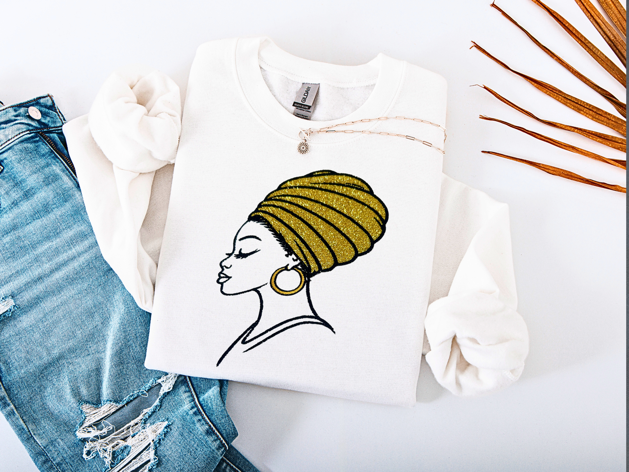 African Headwrap Embroidered Sweatshirt – Gold Glitter Appliqué Design