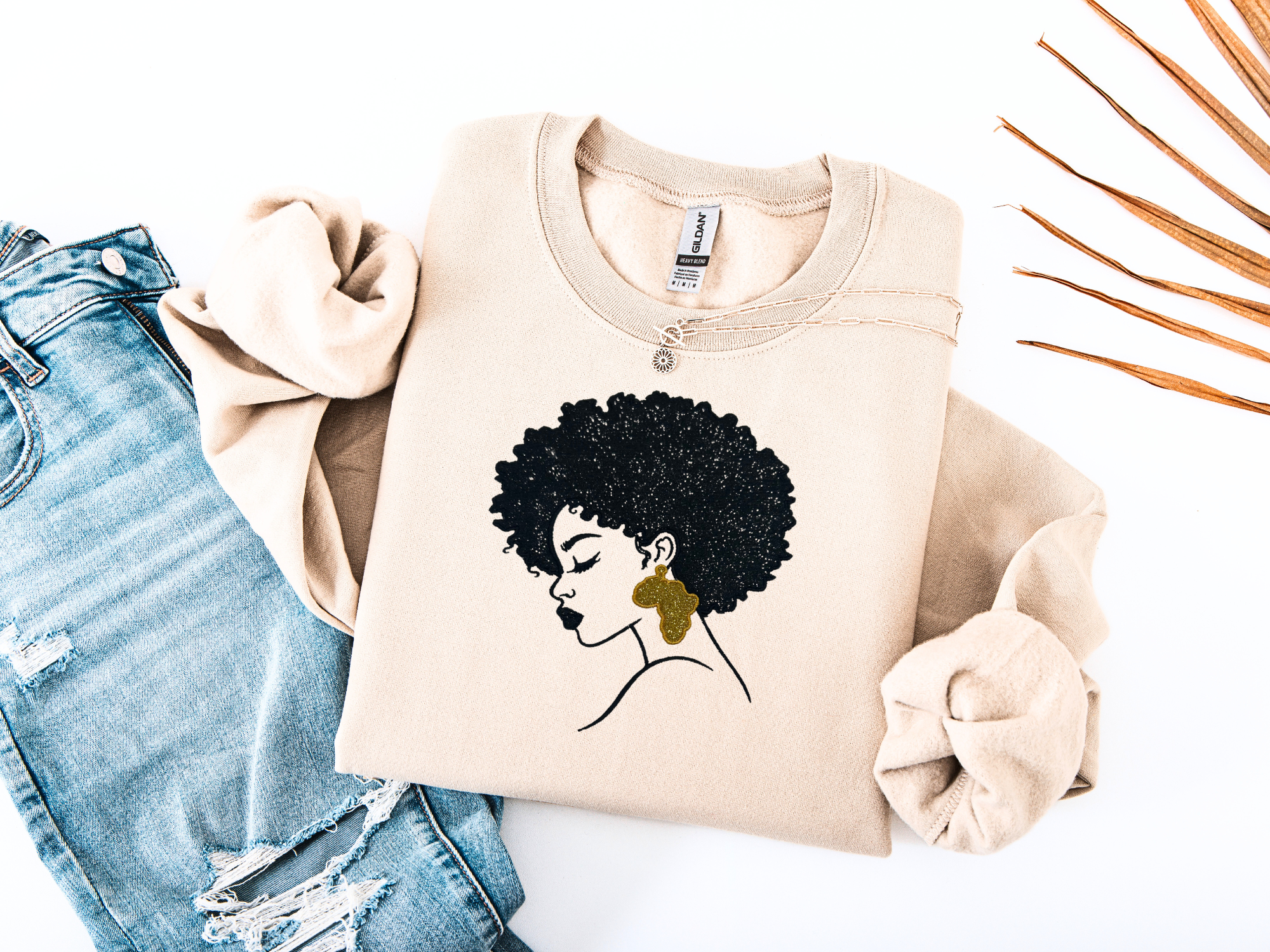 Afro Queen Embroidered Sweatshirt – Gold & Black Glitter Appliqué Design