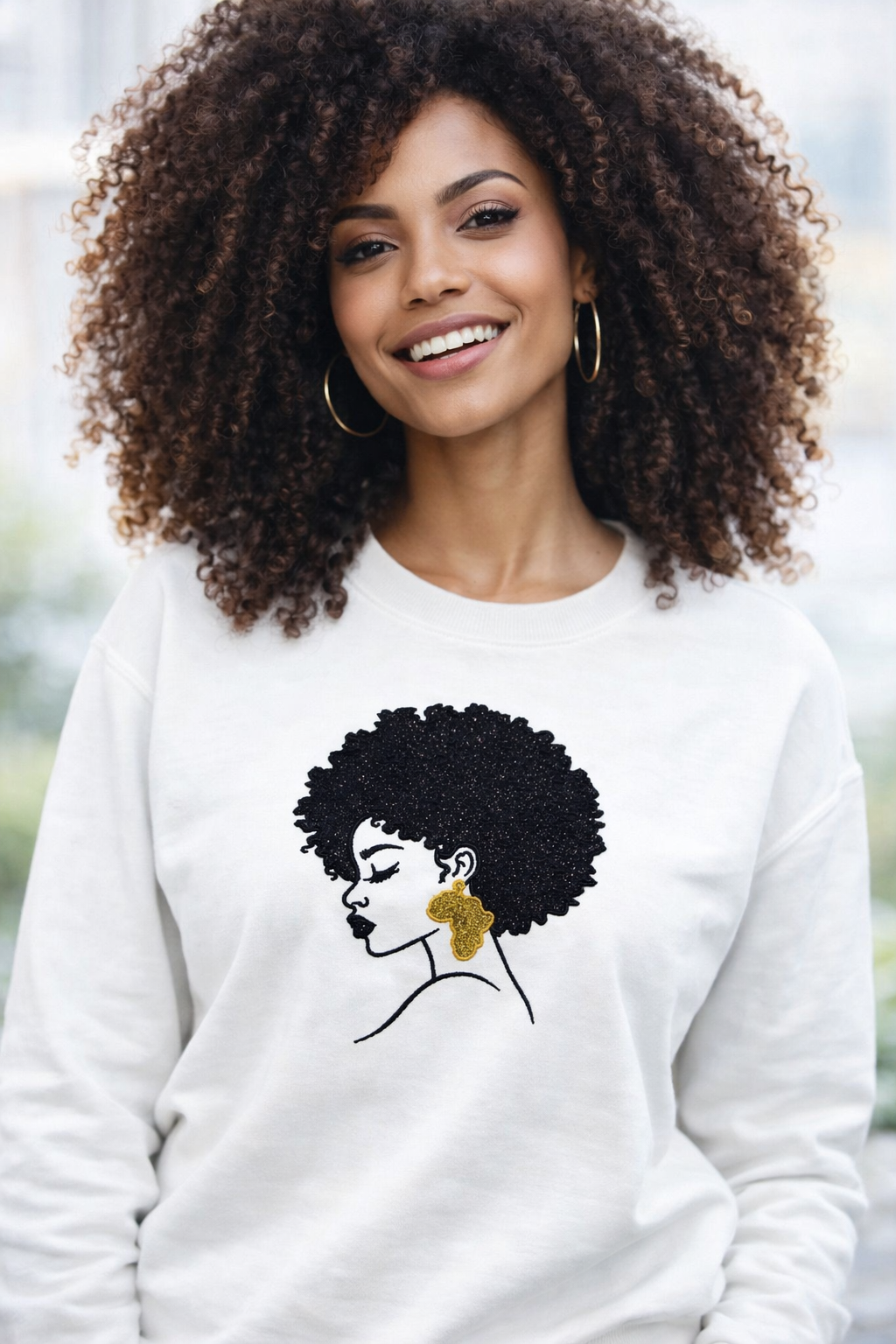 Afro Queen Embroidered Sweatshirt – Gold & Black Glitter Appliqué Design