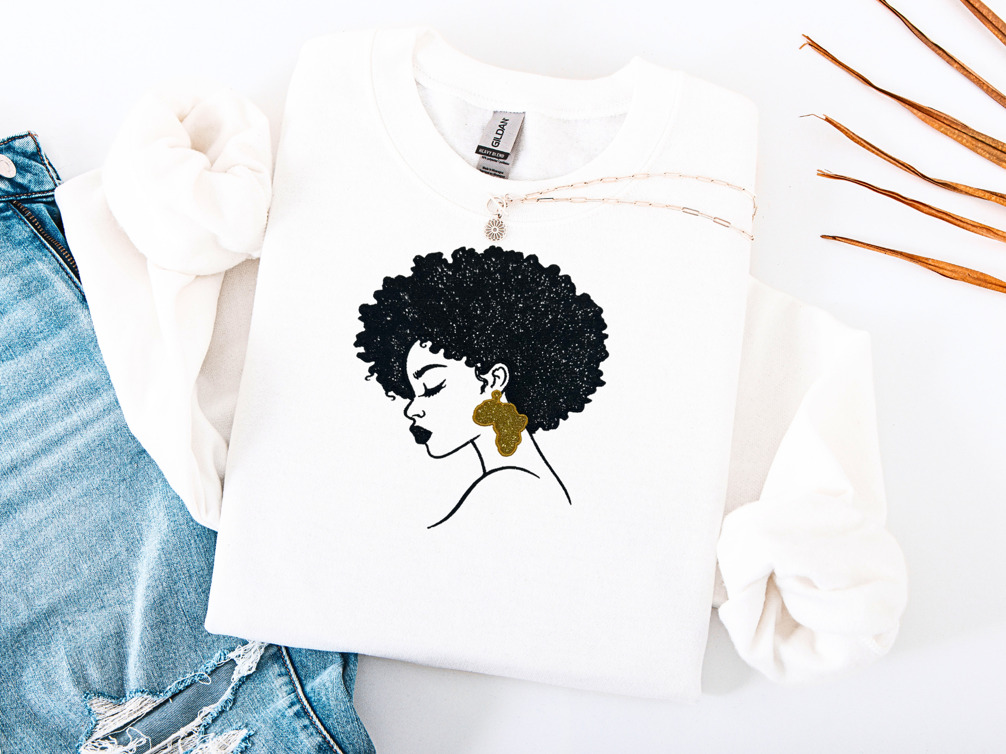 Afro Queen Embroidered Sweatshirt – Gold & Black Glitter Appliqué Design