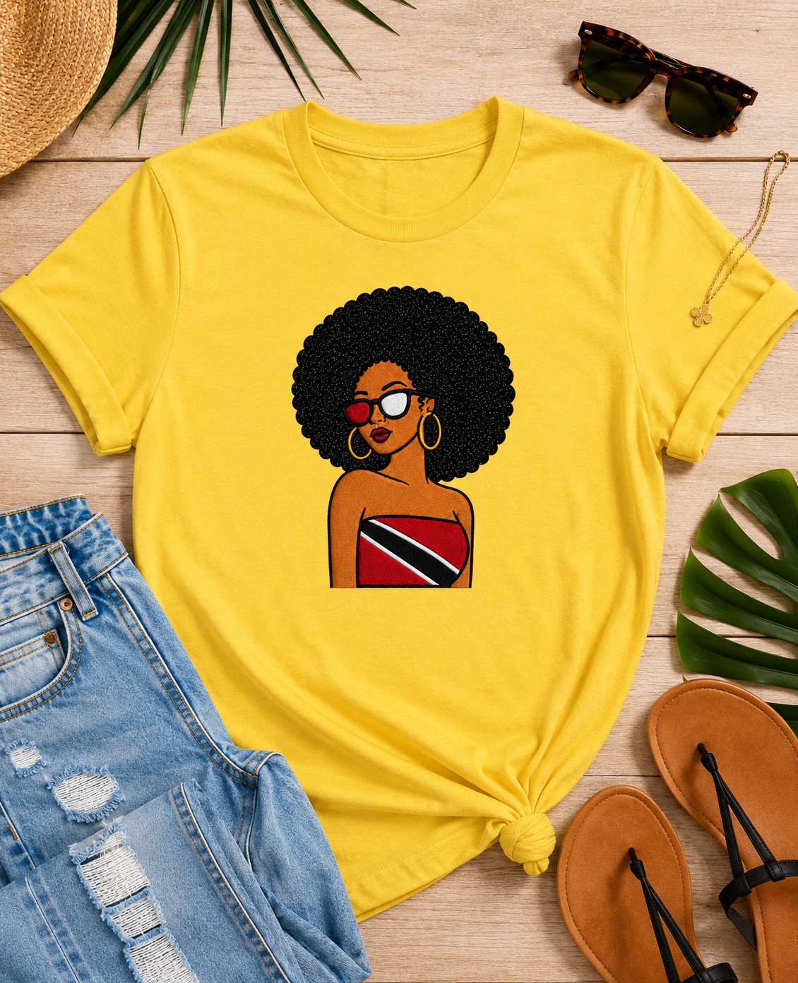 Trini Afro Girl Embroidered T-Shirt, Caribbean Pride Shirt, Black Glitter Hair Applique