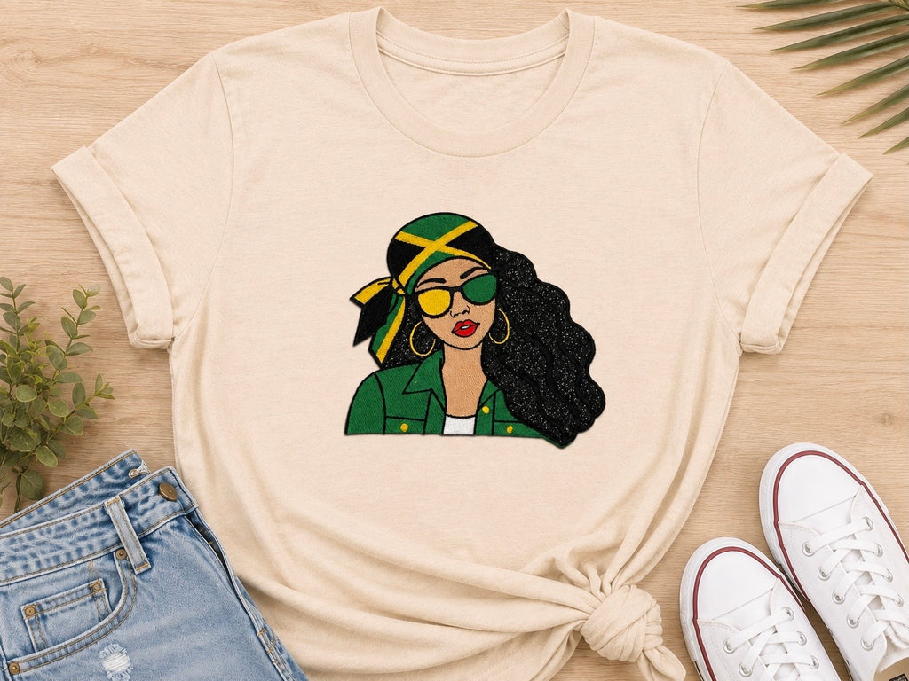 Jamaican Girl Embroidery Glitter Applique T-Shirt