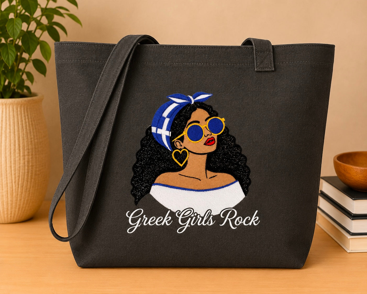 Greek Girls Rock Embroidered Glitter Applique Jumbo Tote Bag