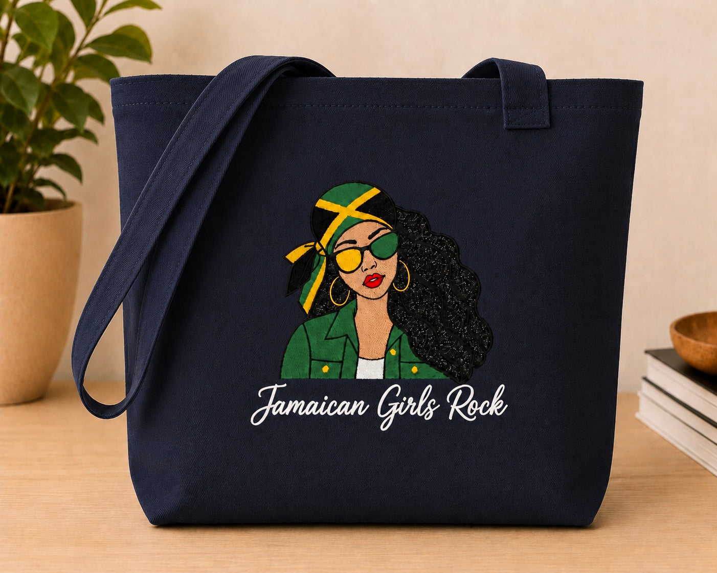 Jamaican Girls Rock Embroidered Glitter Applique Jumbo Tote Bag