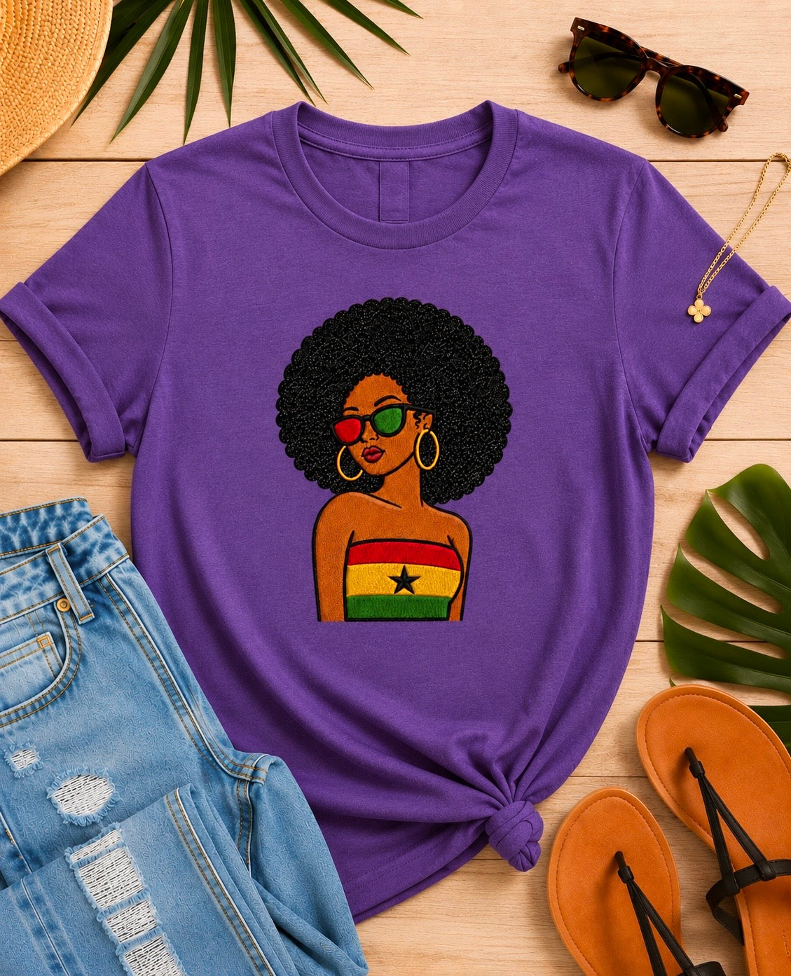 Ghanian Afro Girl Embroidered T-Shirt, Black Glitter Hair Applique
