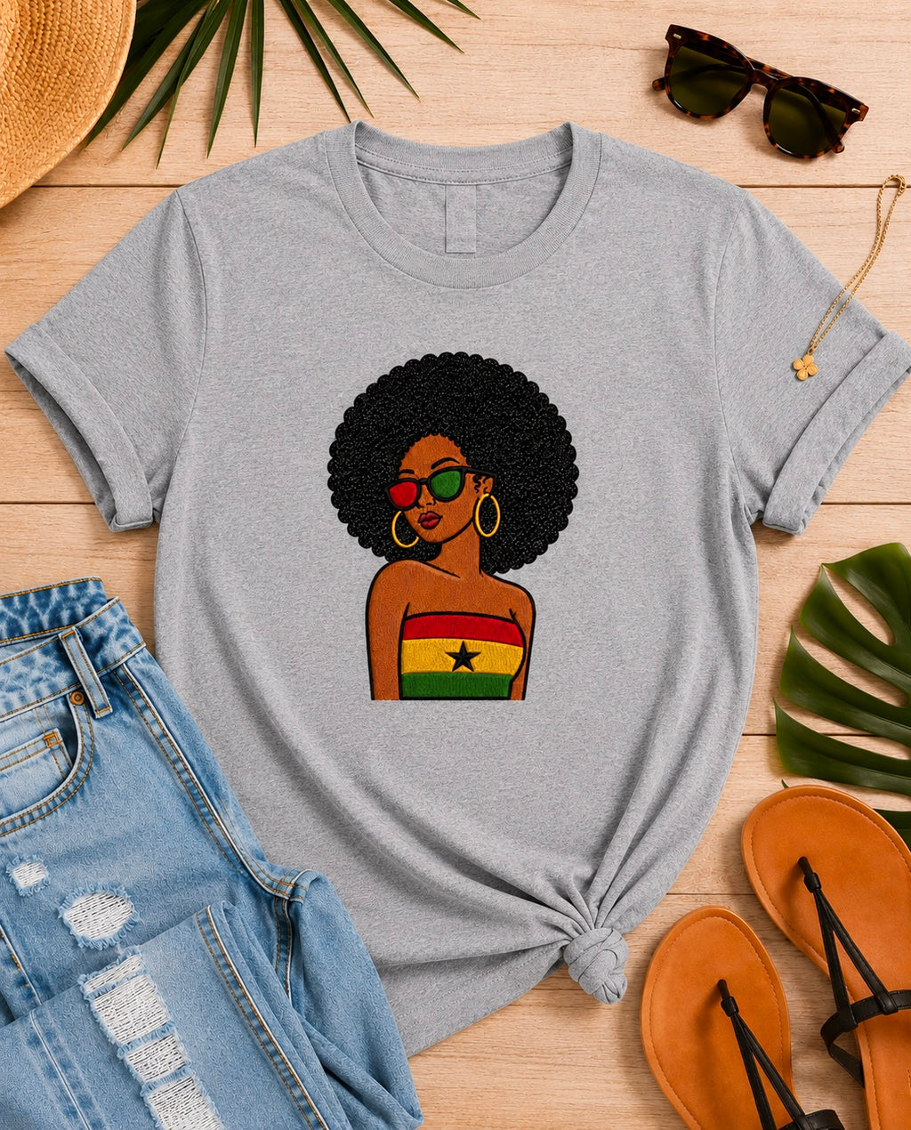 Ghanian Afro Girl Embroidered T-Shirt, Black Glitter Hair Applique