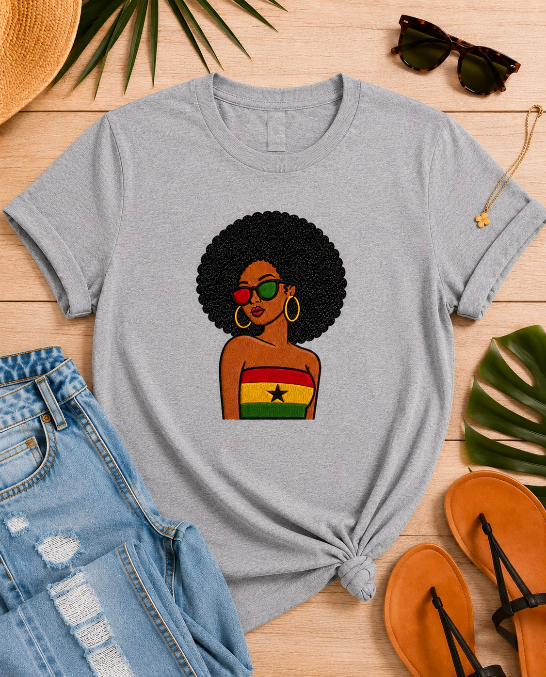 Ghanian Afro Girl Embroidered T-Shirt, Black Glitter Hair Applique