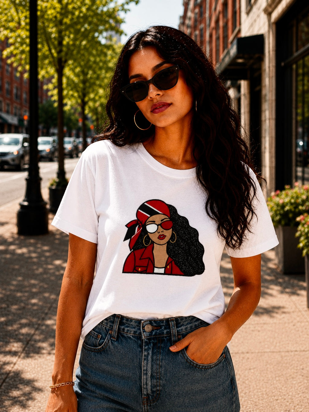 Trini Girl Embroidery Glitter Applique T-Shirt