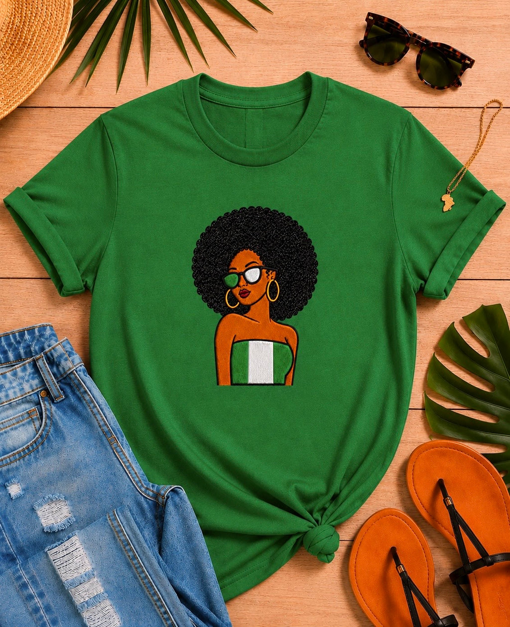 Nigerian Afro Girl Embroidered T-Shirt, Black Glitter Hair Applique