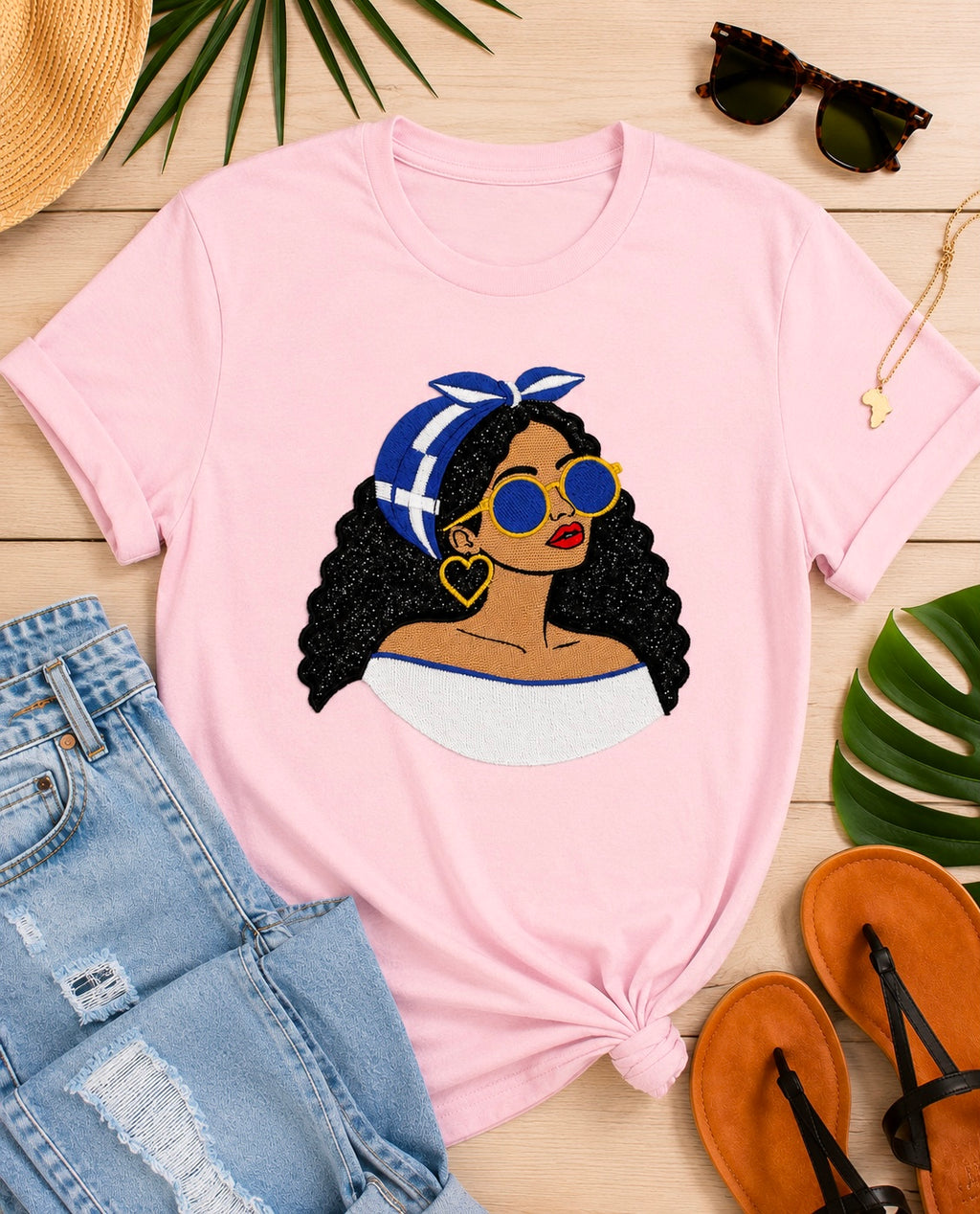 Greek Girl Embroidered Glitter Appliqué T-Shirt