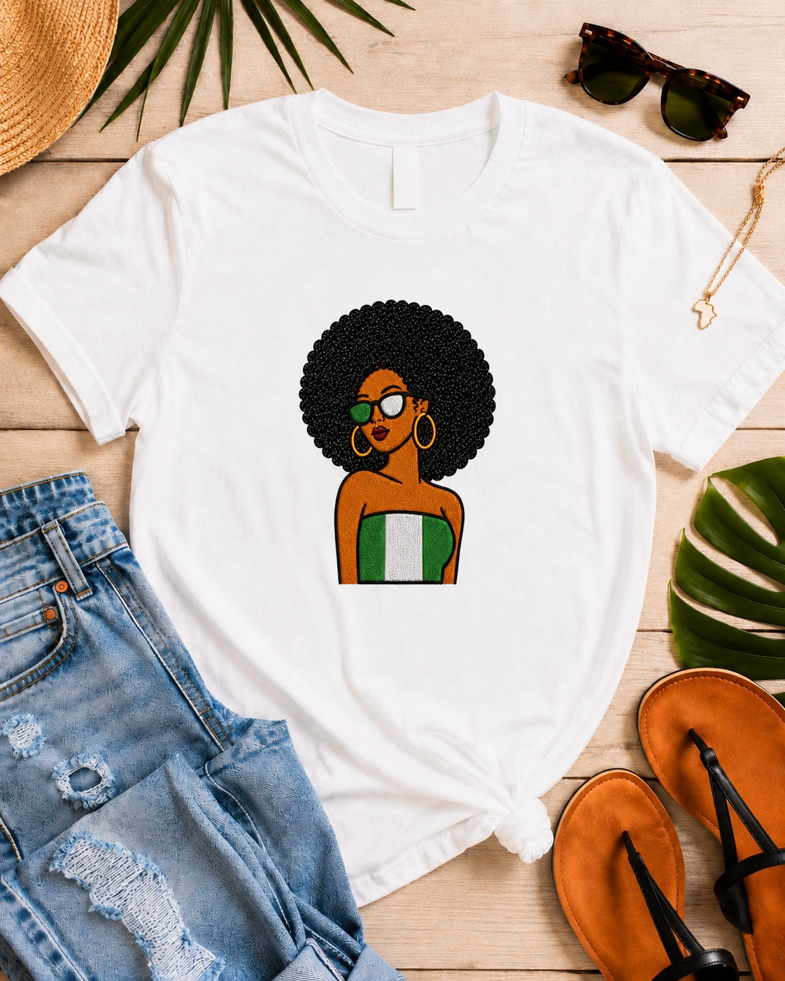 Nigerian Afro Girl Embroidered T-Shirt, Black Glitter Hair Applique