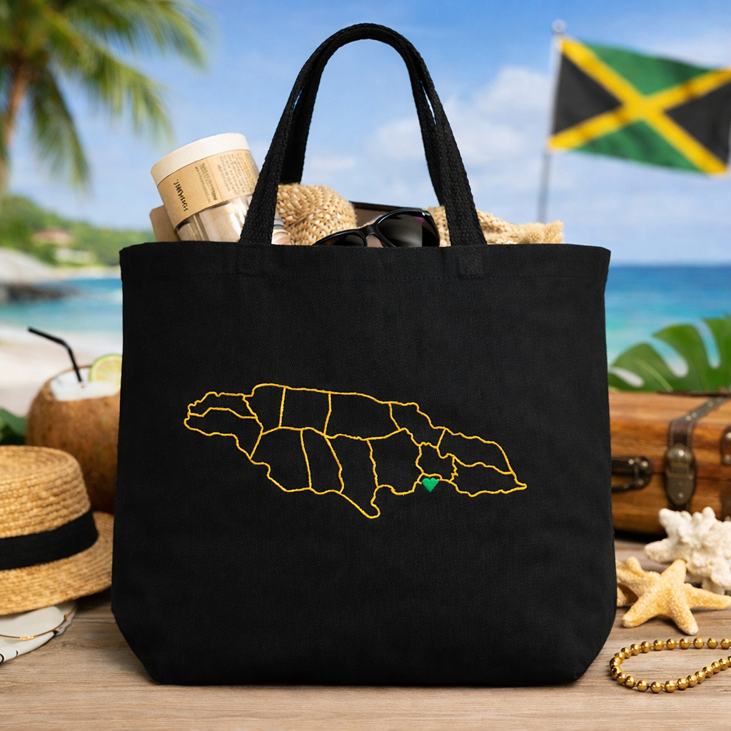 Jamaica Outline Tote Bag – Gold Embroidered Island Map with Green Heart, Jamaican Pride Gift